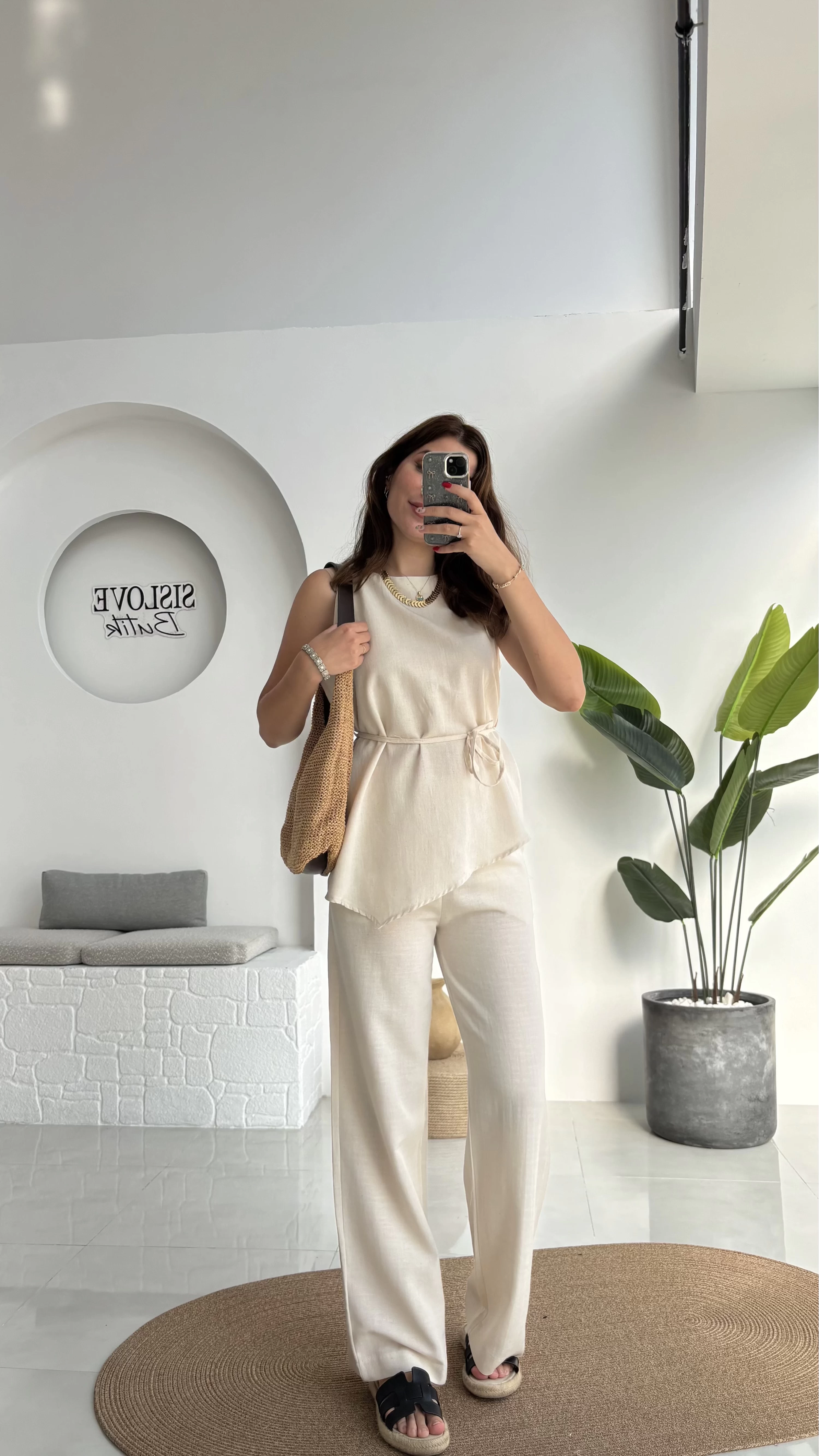 Adel Kuşaklı Asimetrik Bluz Pantolon Takım - Natural - 8784