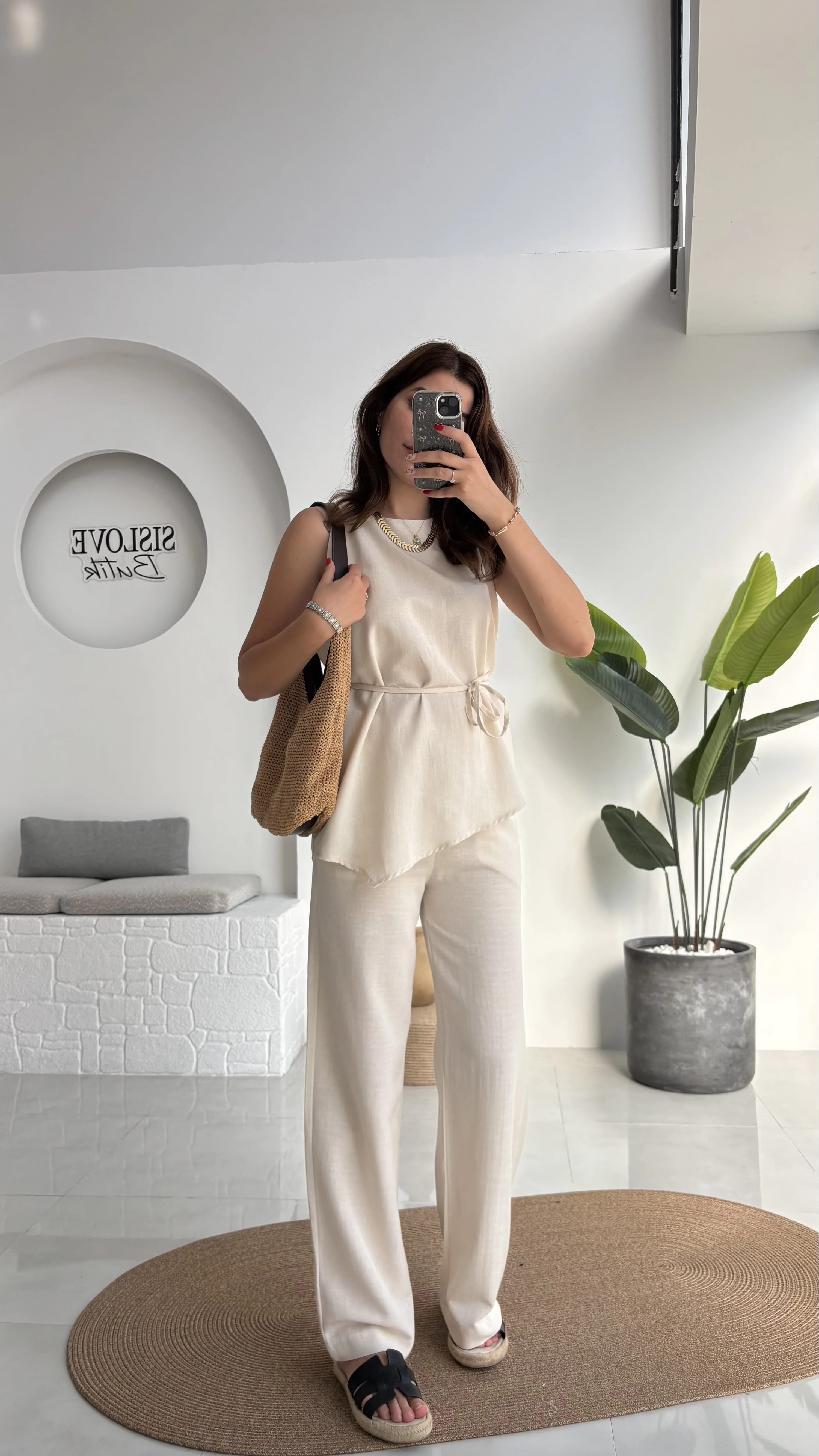 Adel Kuşaklı Asimetrik Bluz Pantolon Takım - Natural - 8784
