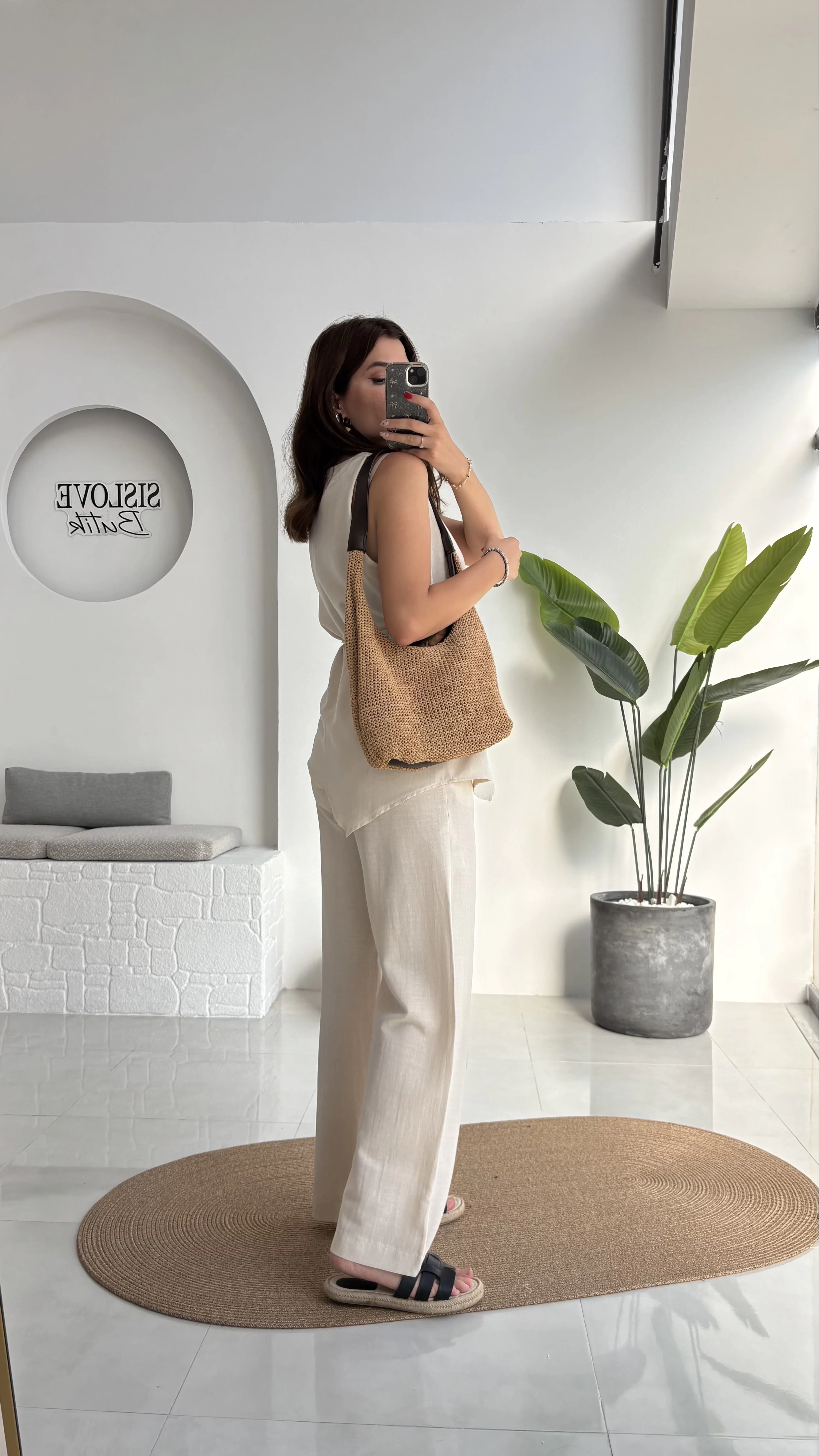 Adel Kuşaklı Asimetrik Bluz Pantolon Takım - Natural - 8784