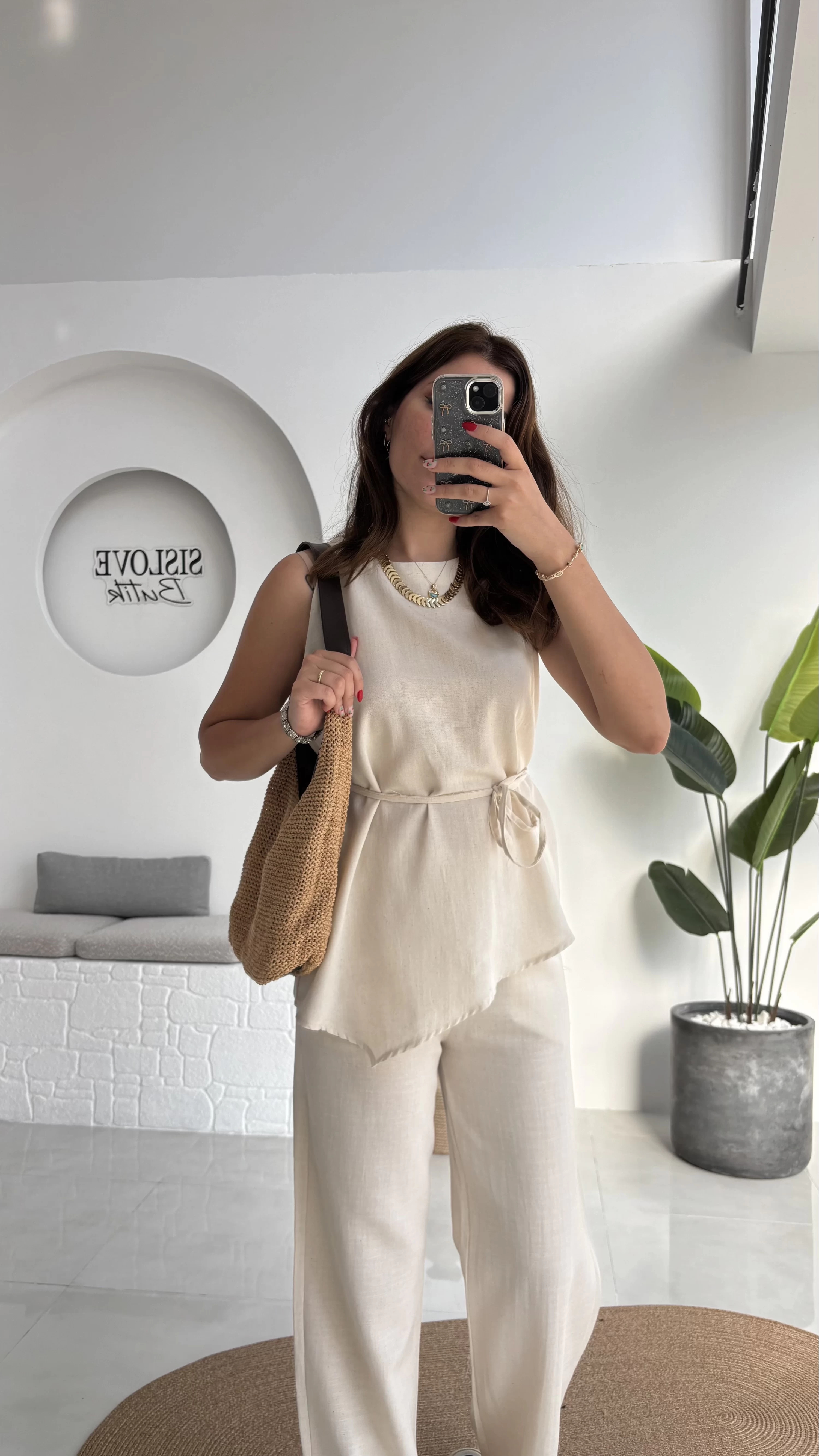Adel Kuşaklı Asimetrik Bluz Pantolon Takım - Natural - 8784