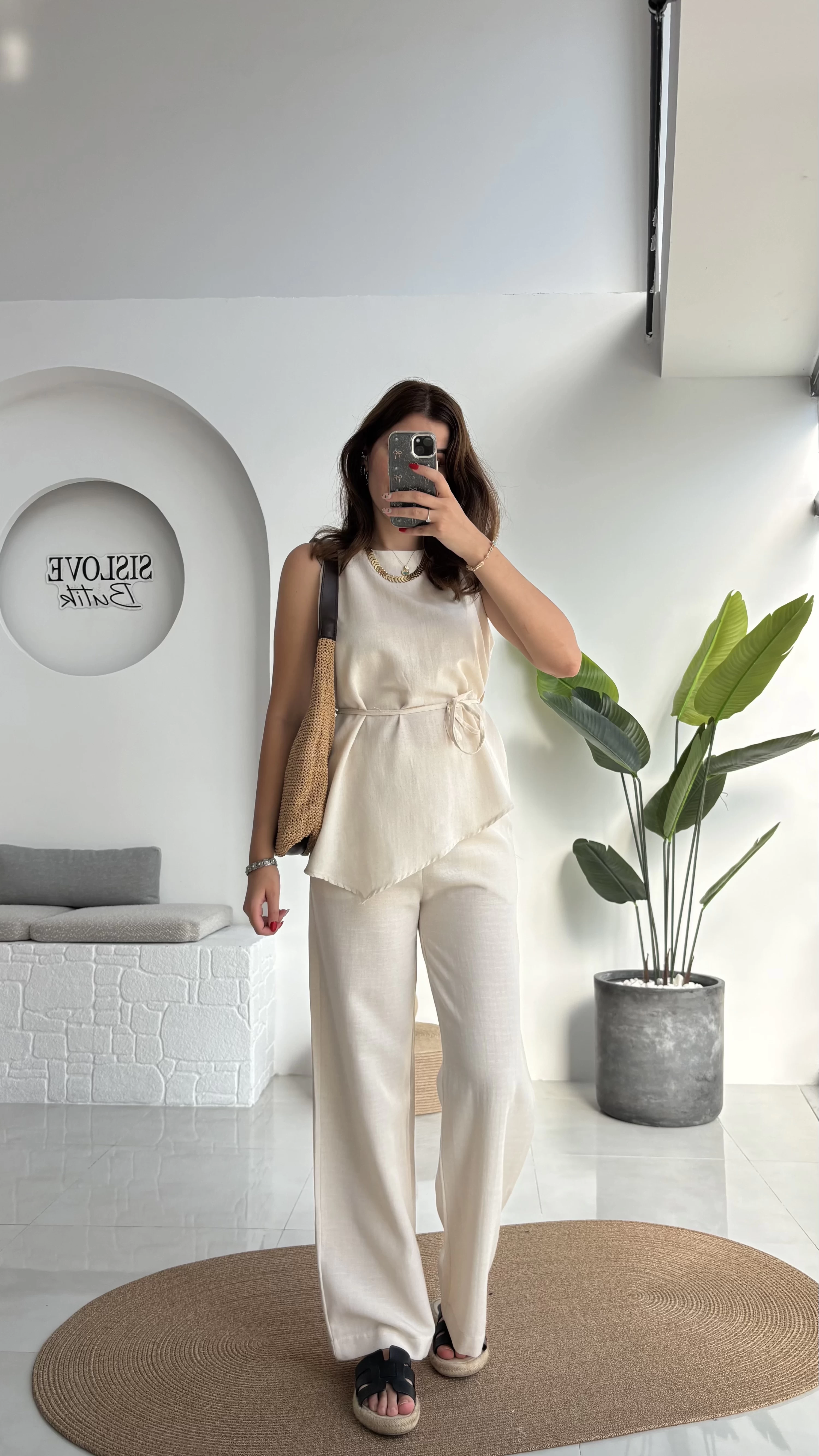 Adel Kuşaklı Asimetrik Bluz Pantolon Takım - Natural - 8784