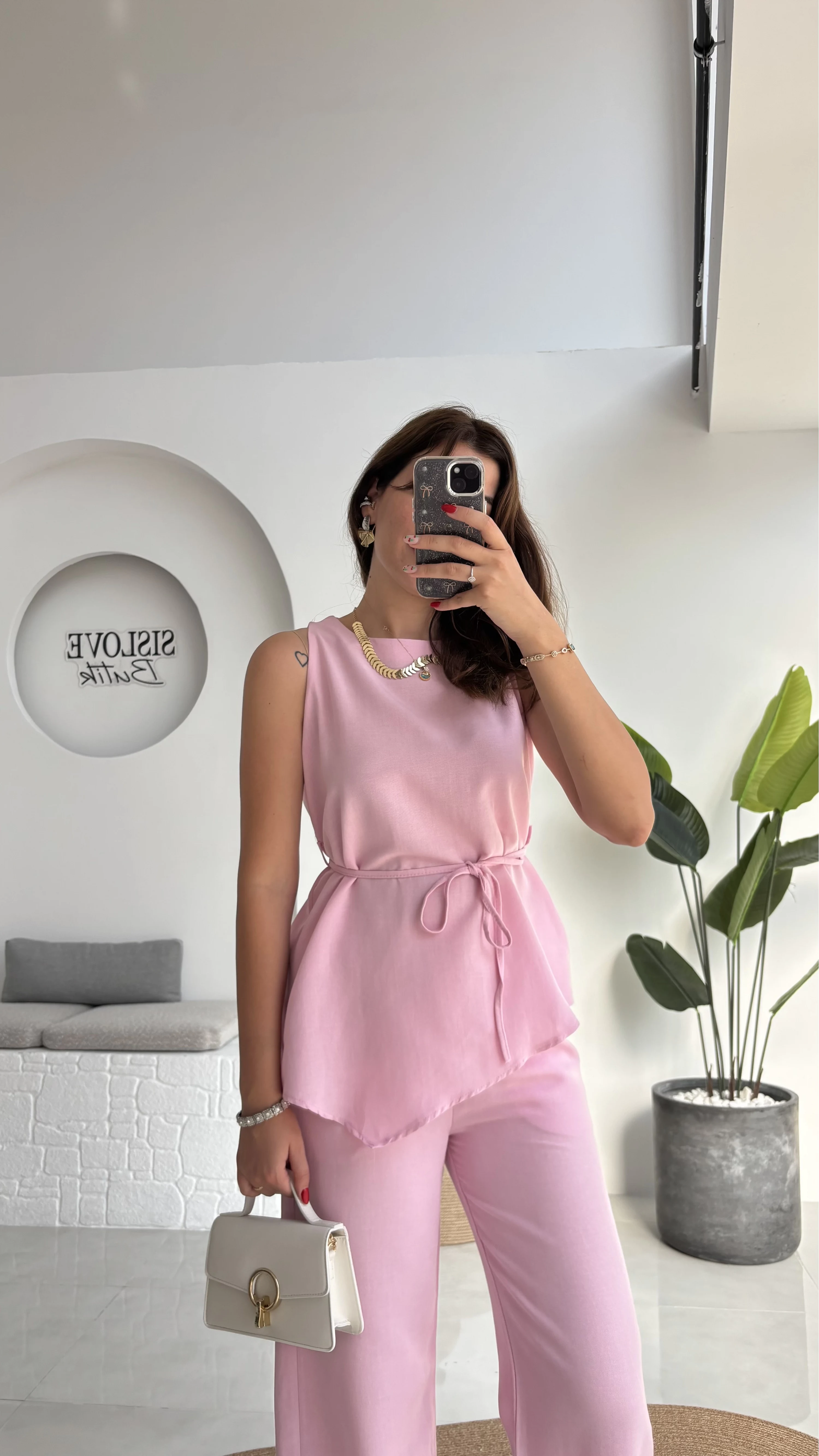 Adel Kuşaklı Asimetrik Bluz Pantolon Takım - Pembe - 8784