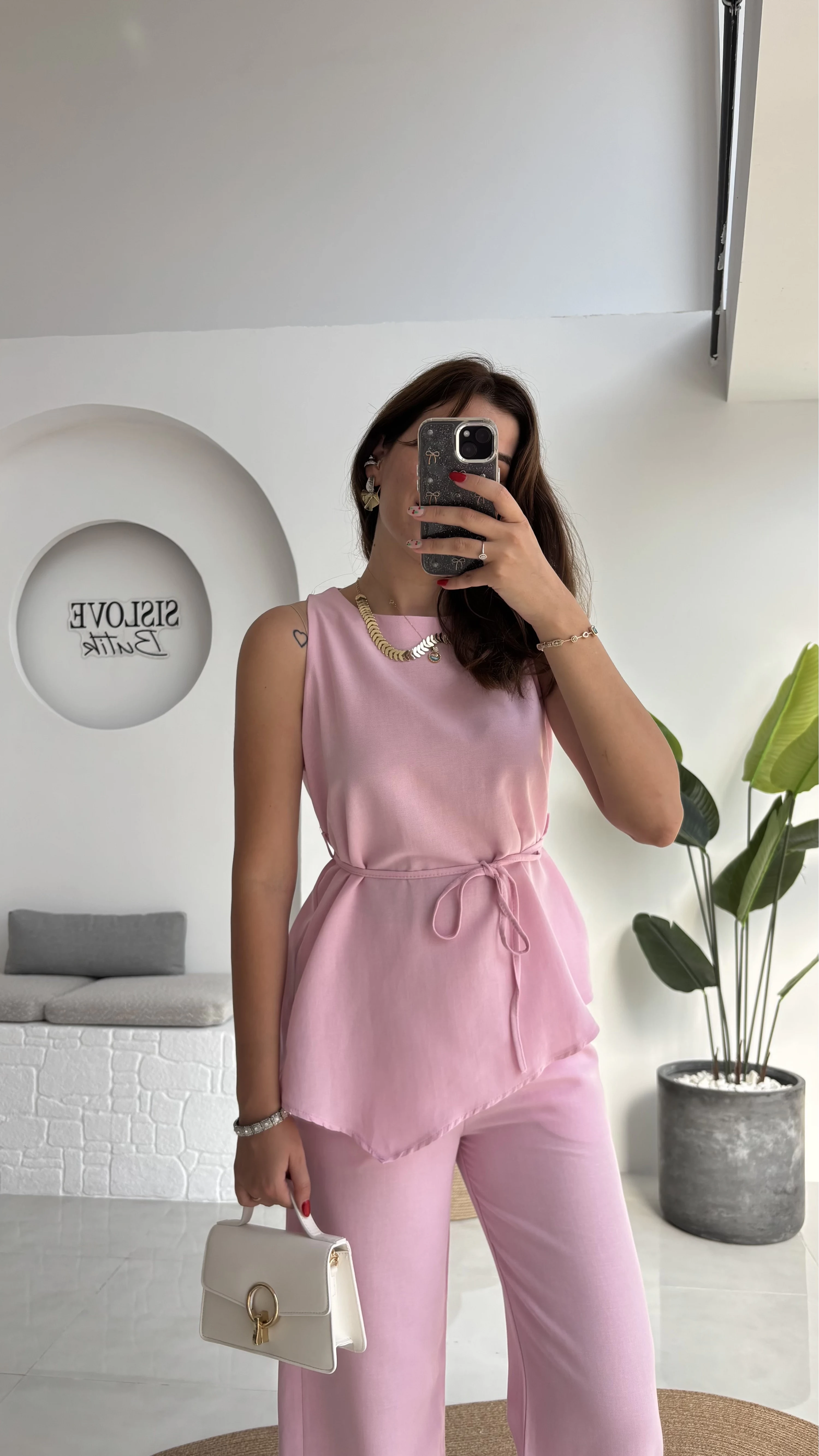 Adel Kuşaklı Asimetrik Bluz Pantolon Takım - Pembe - 8784