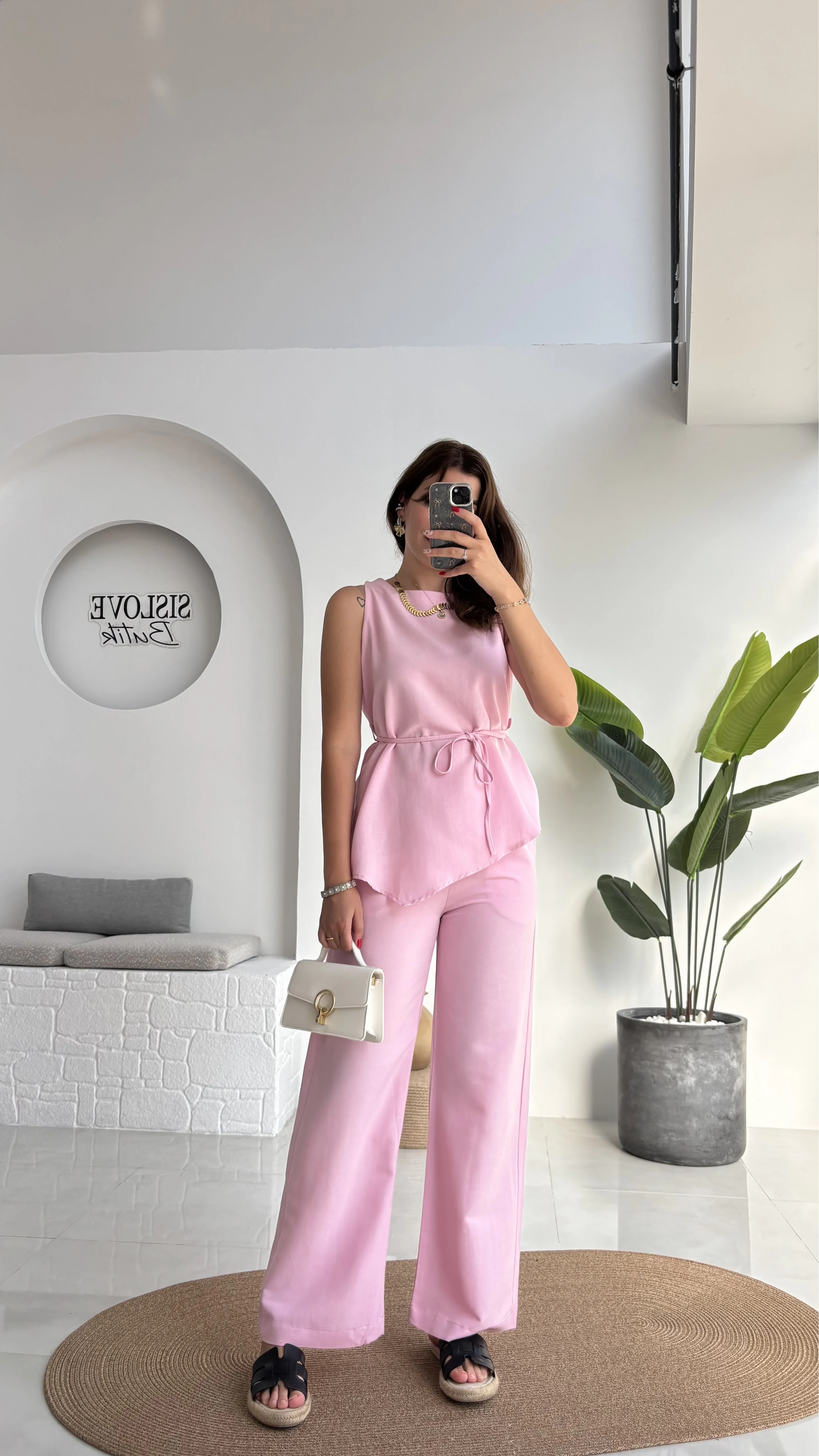 Adel Kuşaklı Asimetrik Bluz Pantolon Takım - Pembe - 8784