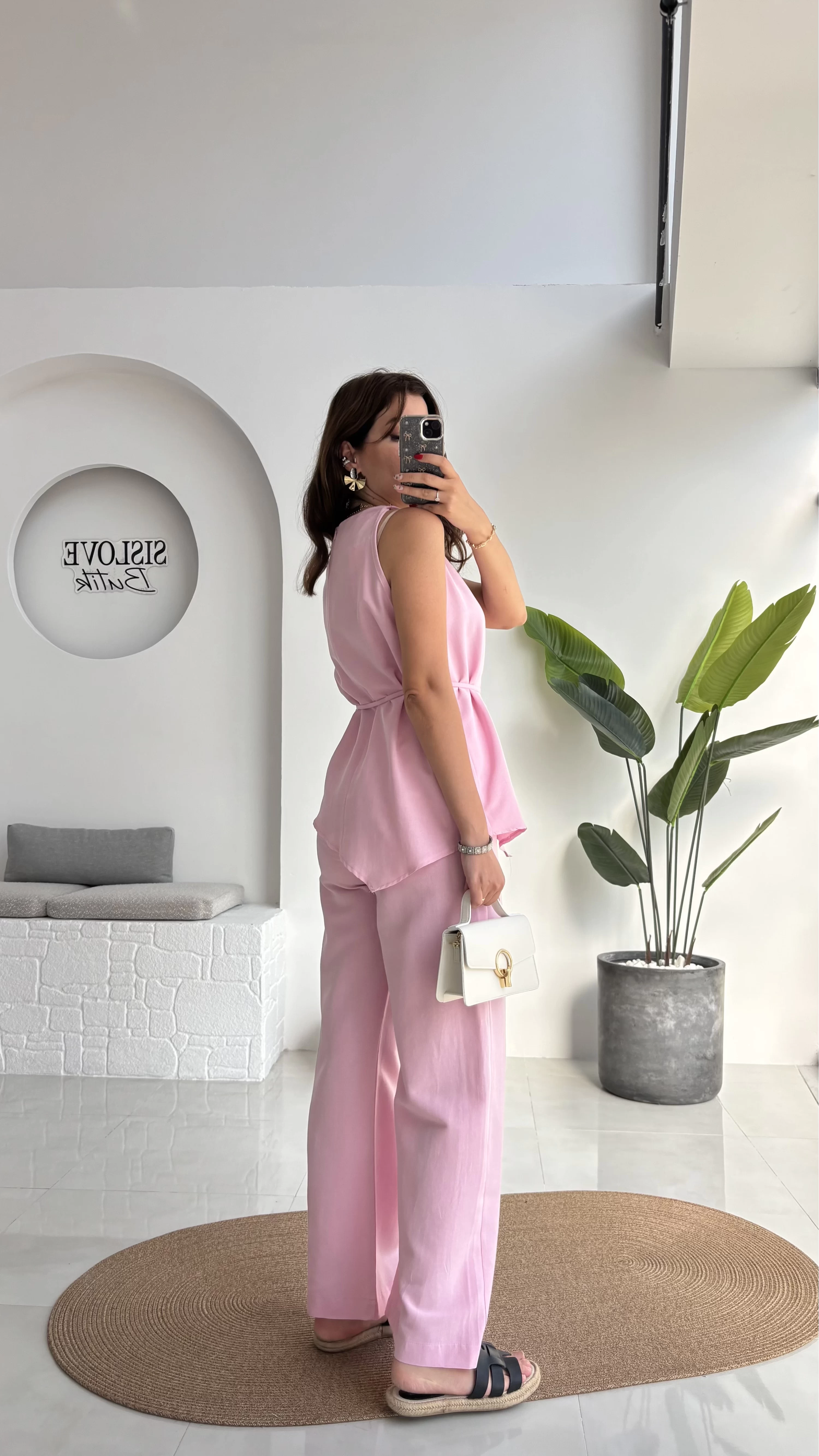 Adel Kuşaklı Asimetrik Bluz Pantolon Takım - Pembe - 8784