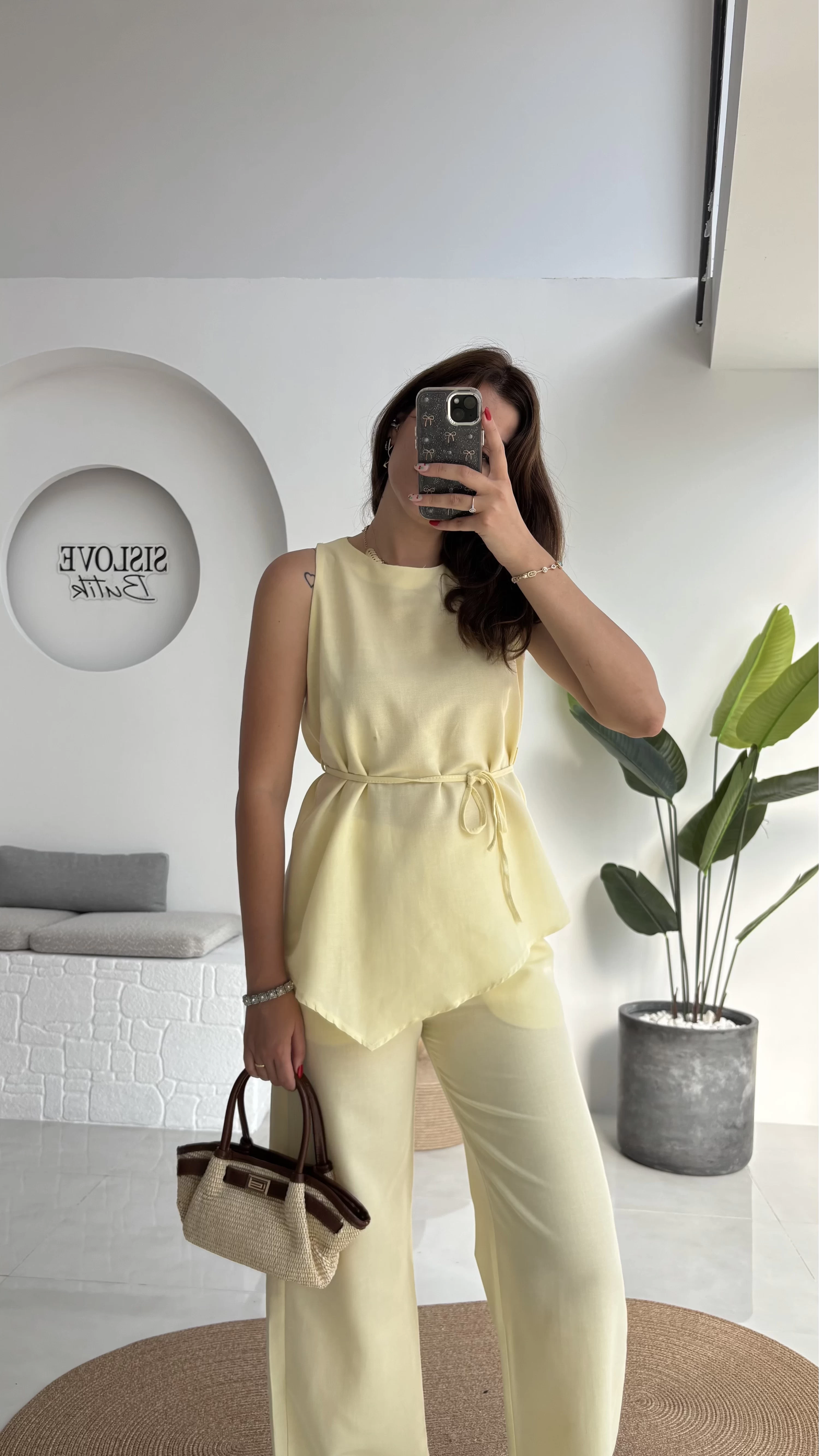 Adel Kuşaklı Asimetrik Bluz Pantolon Takım - Sarı - 8784