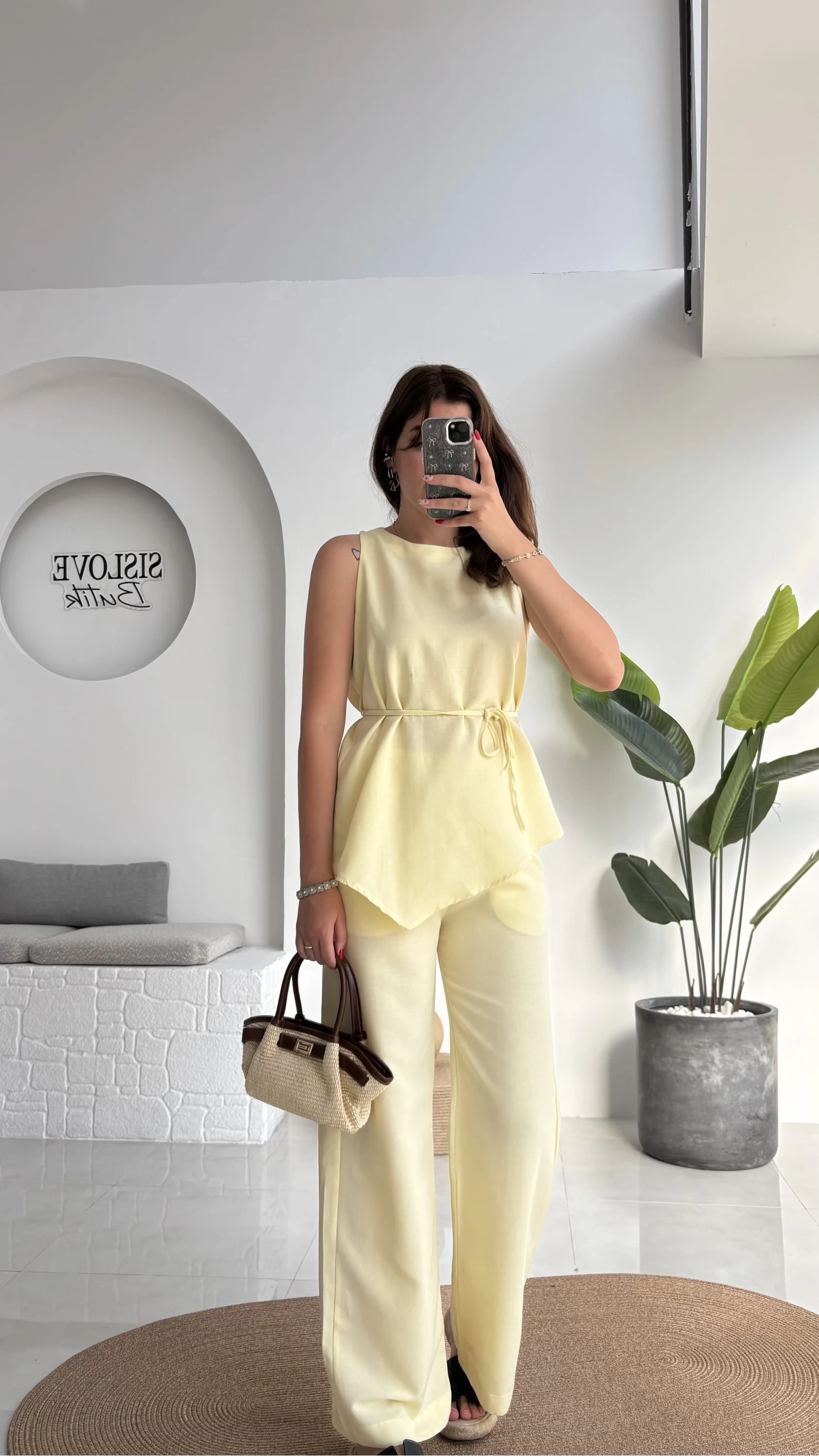Adel Kuşaklı Asimetrik Bluz Pantolon Takım - Sarı - 8784