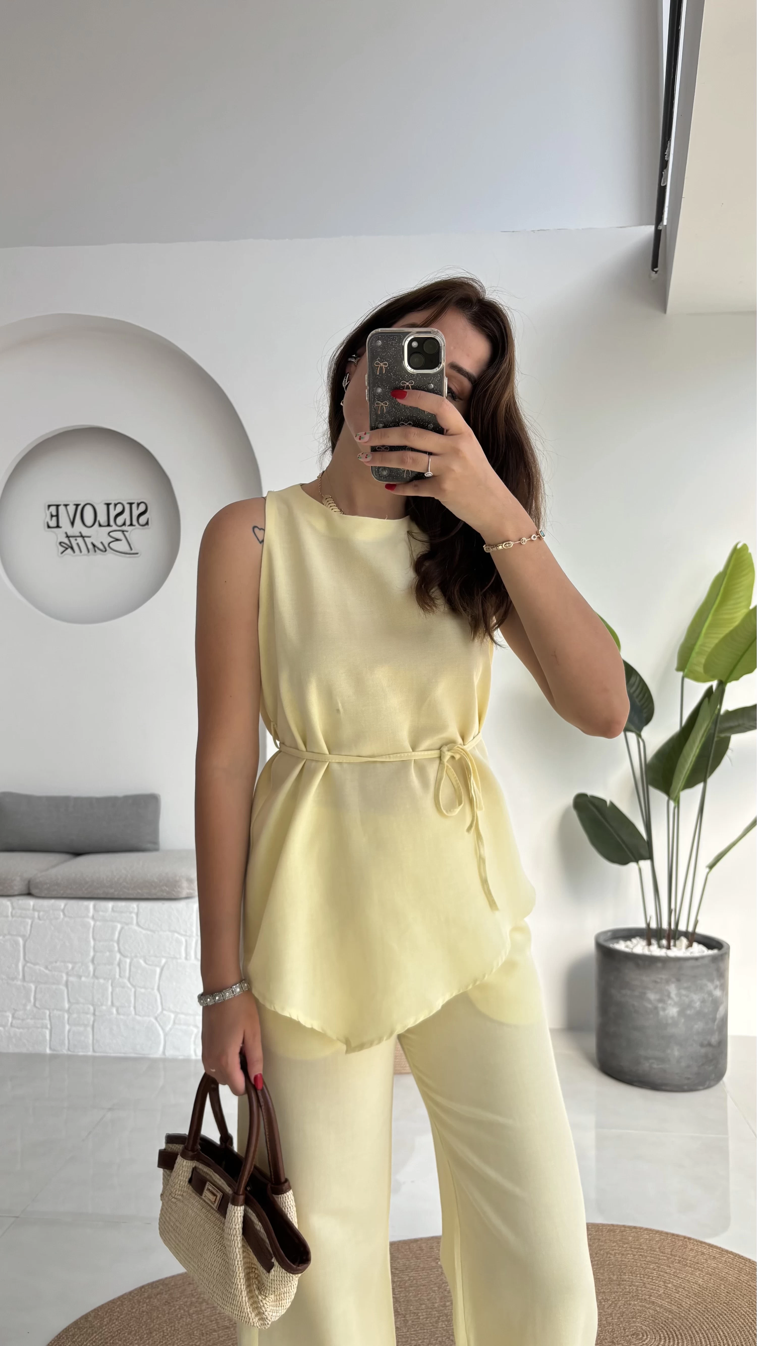 Adel Kuşaklı Asimetrik Bluz Pantolon Takım - Sarı - 8784