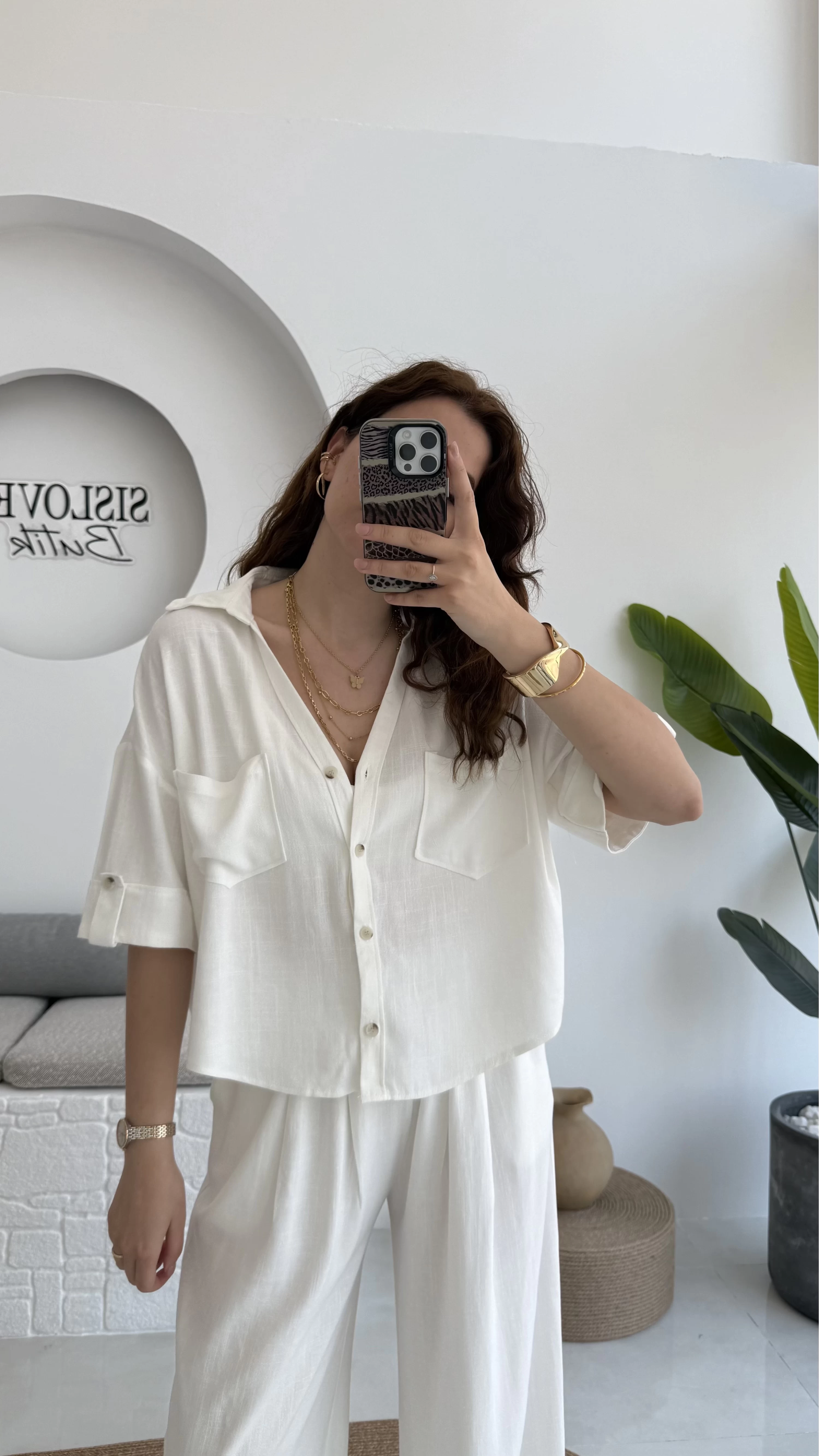 Aloe Yarım Kol Cepli Gömlek Pantolon Takım - Beyaz