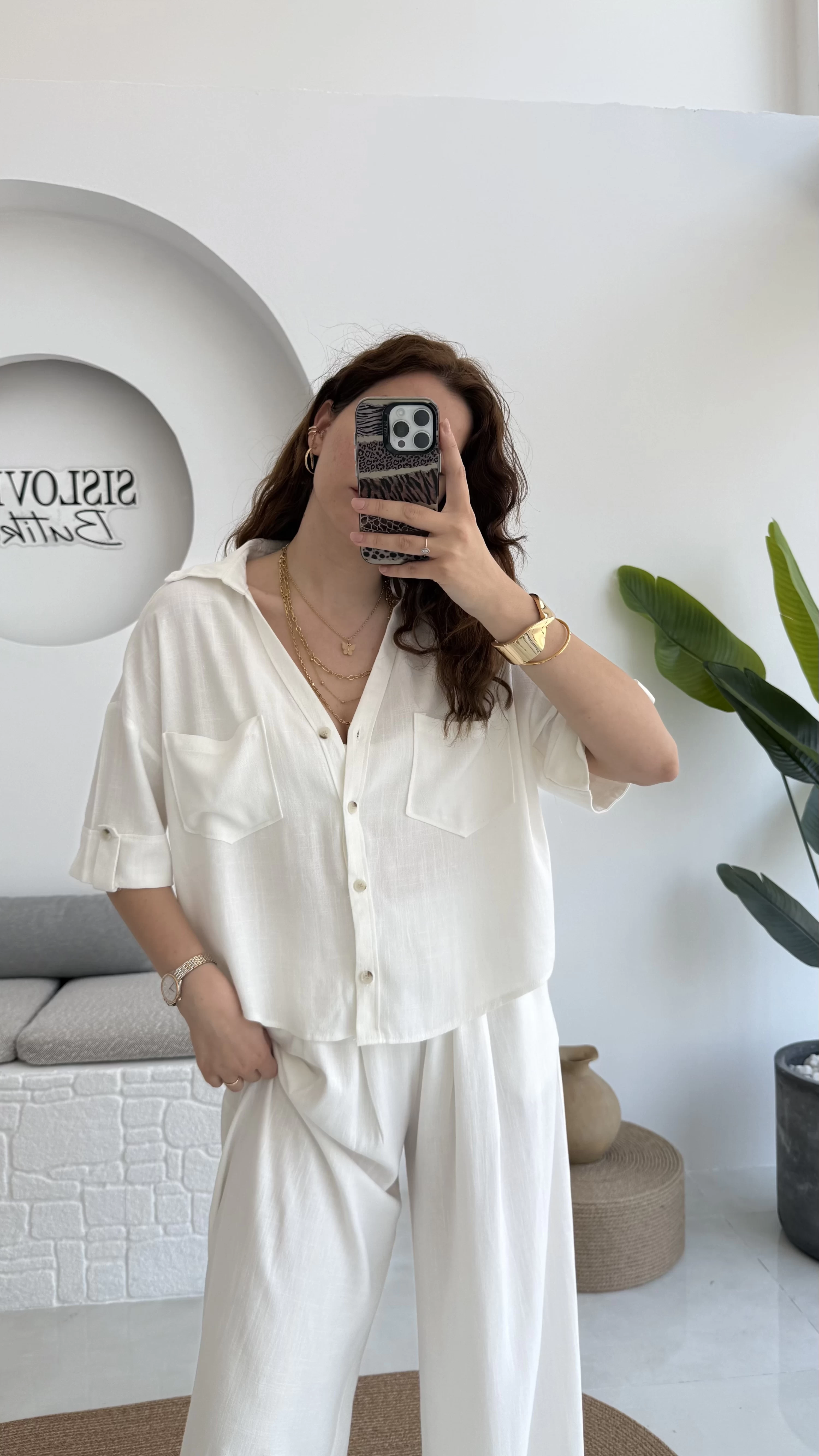 Aloe Yarım Kol Cepli Gömlek Pantolon Takım - Beyaz