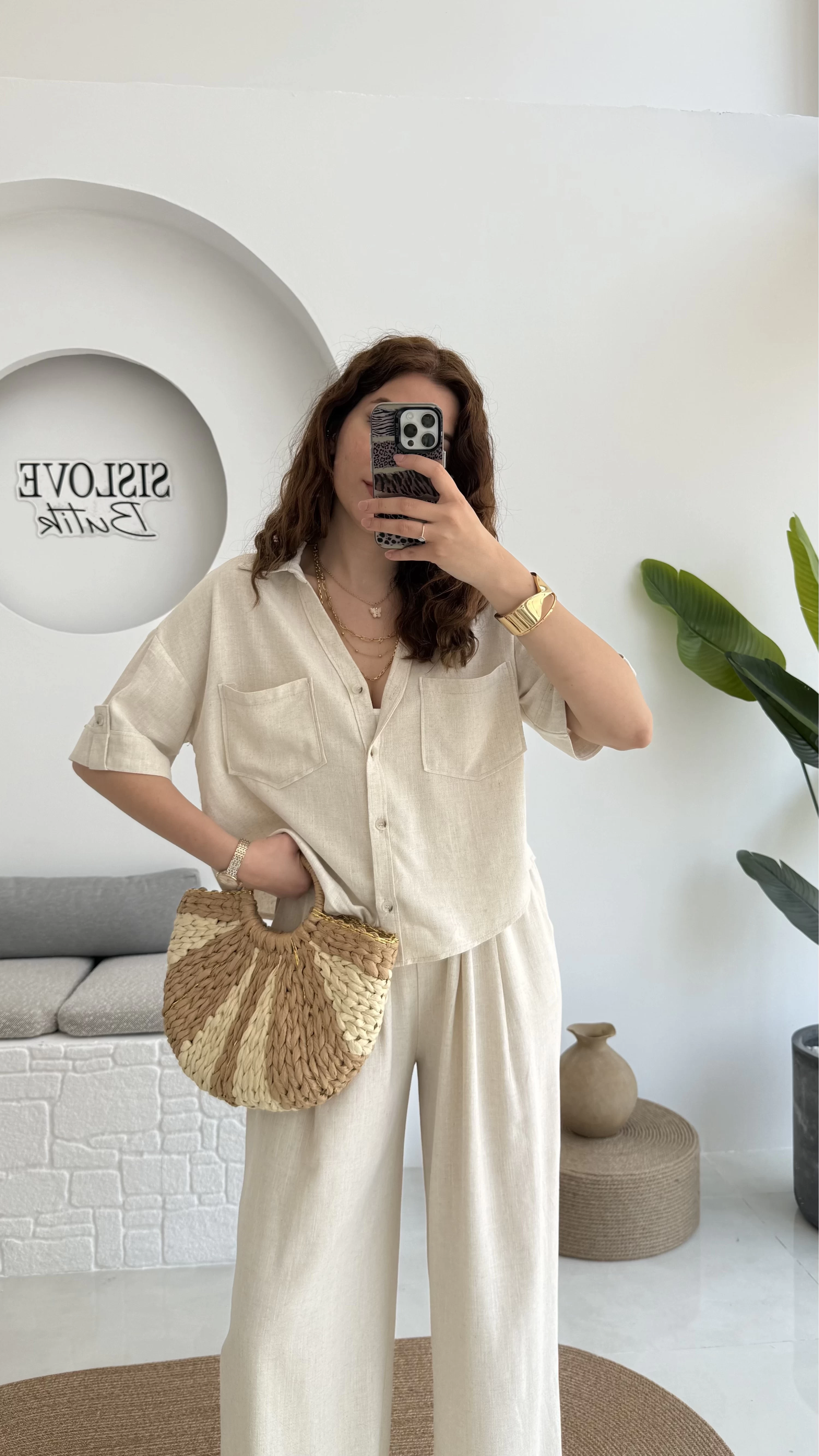 Aloe Yarım Kol Cepli Gömlek Pantolon Takım - Natural