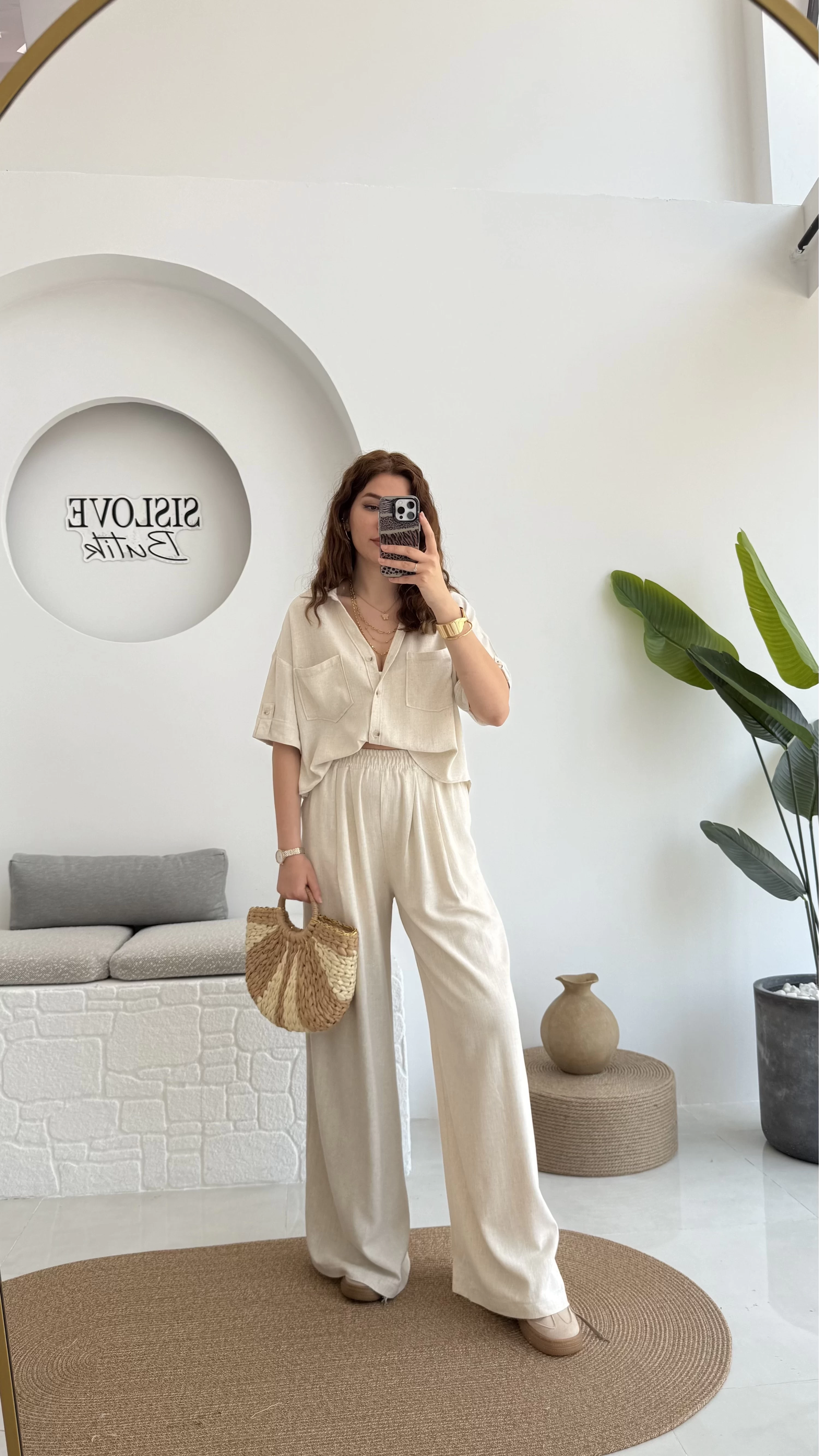 Aloe Yarım Kol Cepli Gömlek Pantolon Takım - Natural