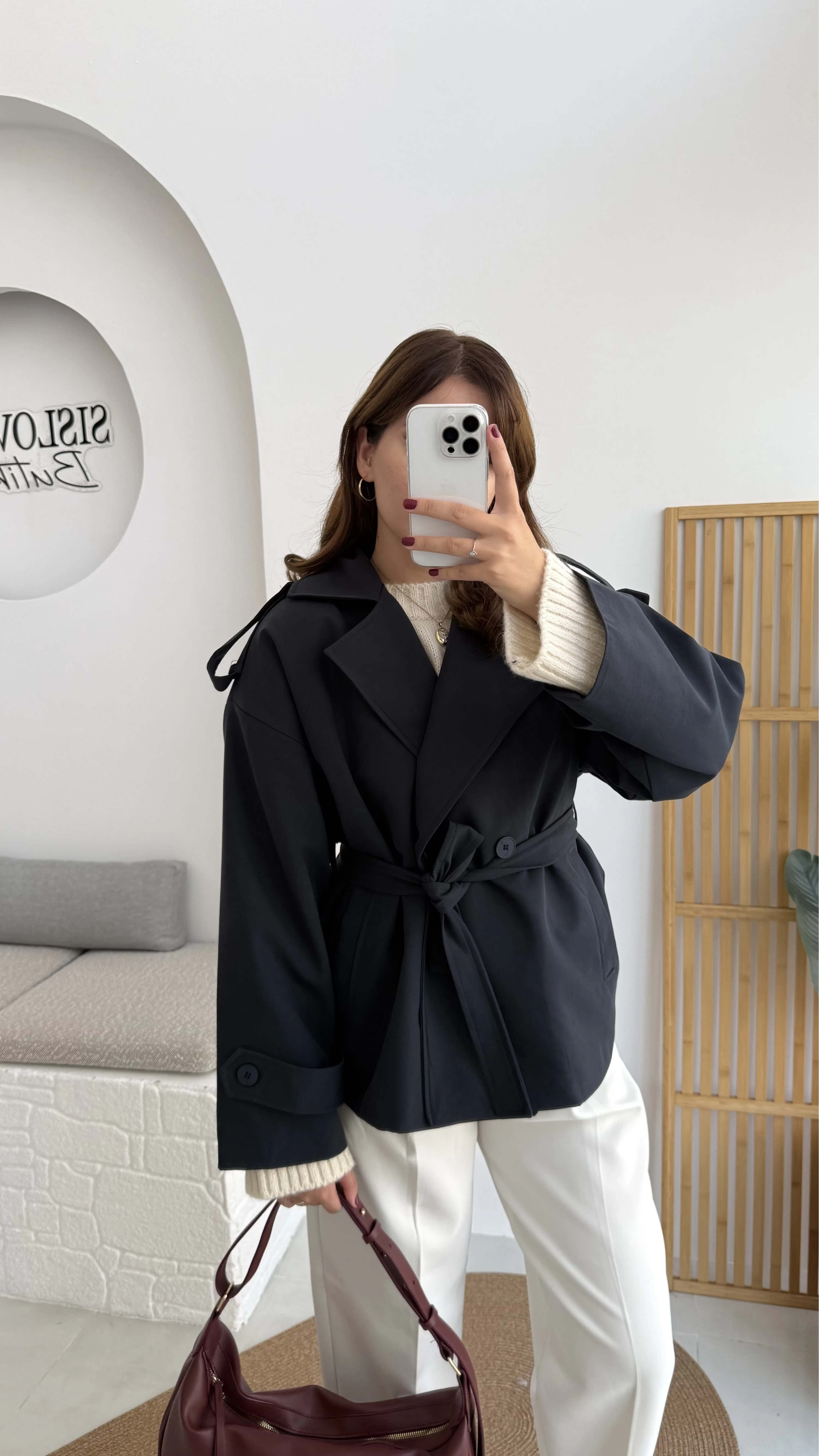 Anastasia Kuşaklı Kısa Trençkot - Lacivert - Kod: 9609