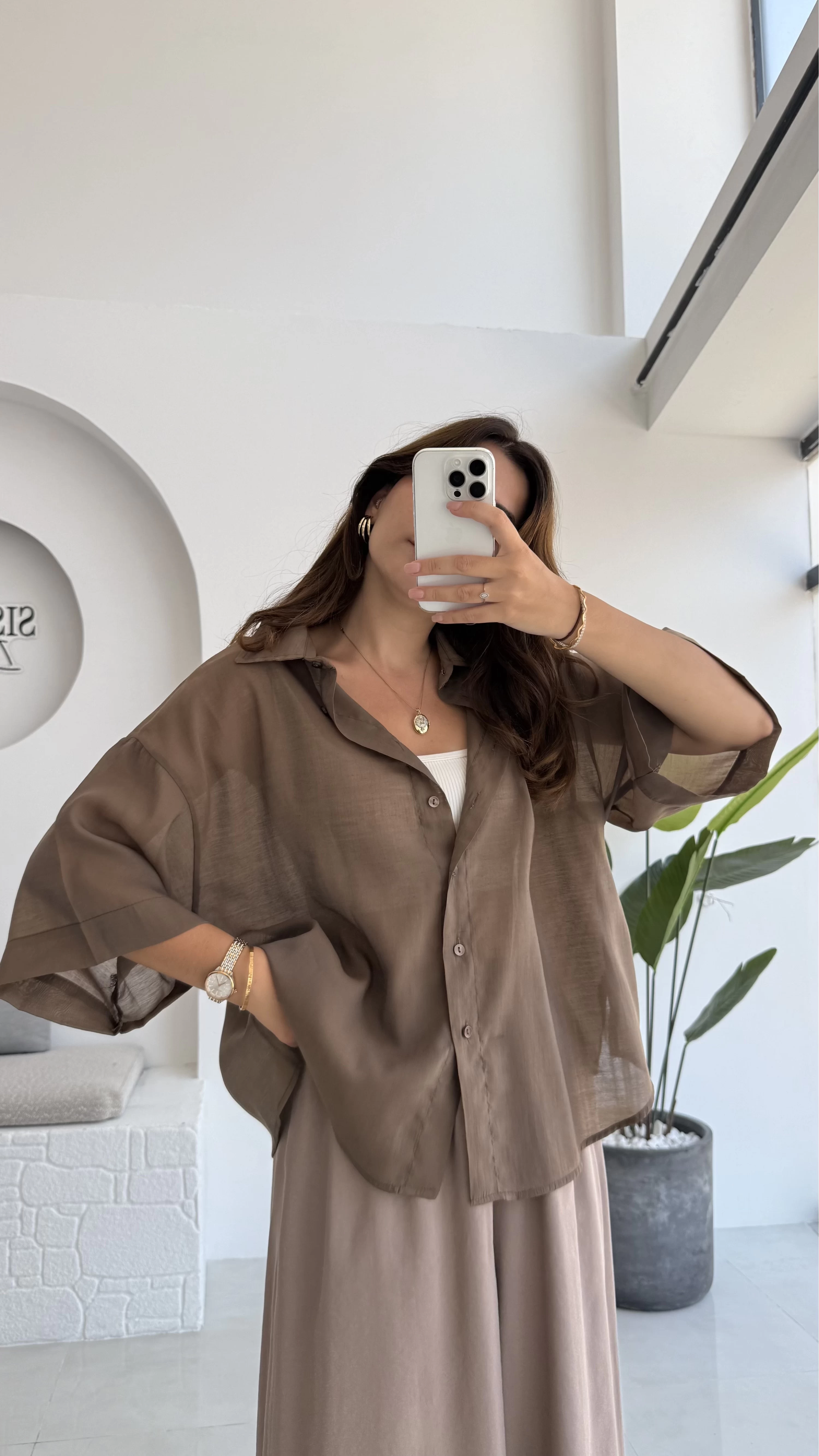 Andora Oversize İpeksi Gömlek - Kahve - Kod: 4927