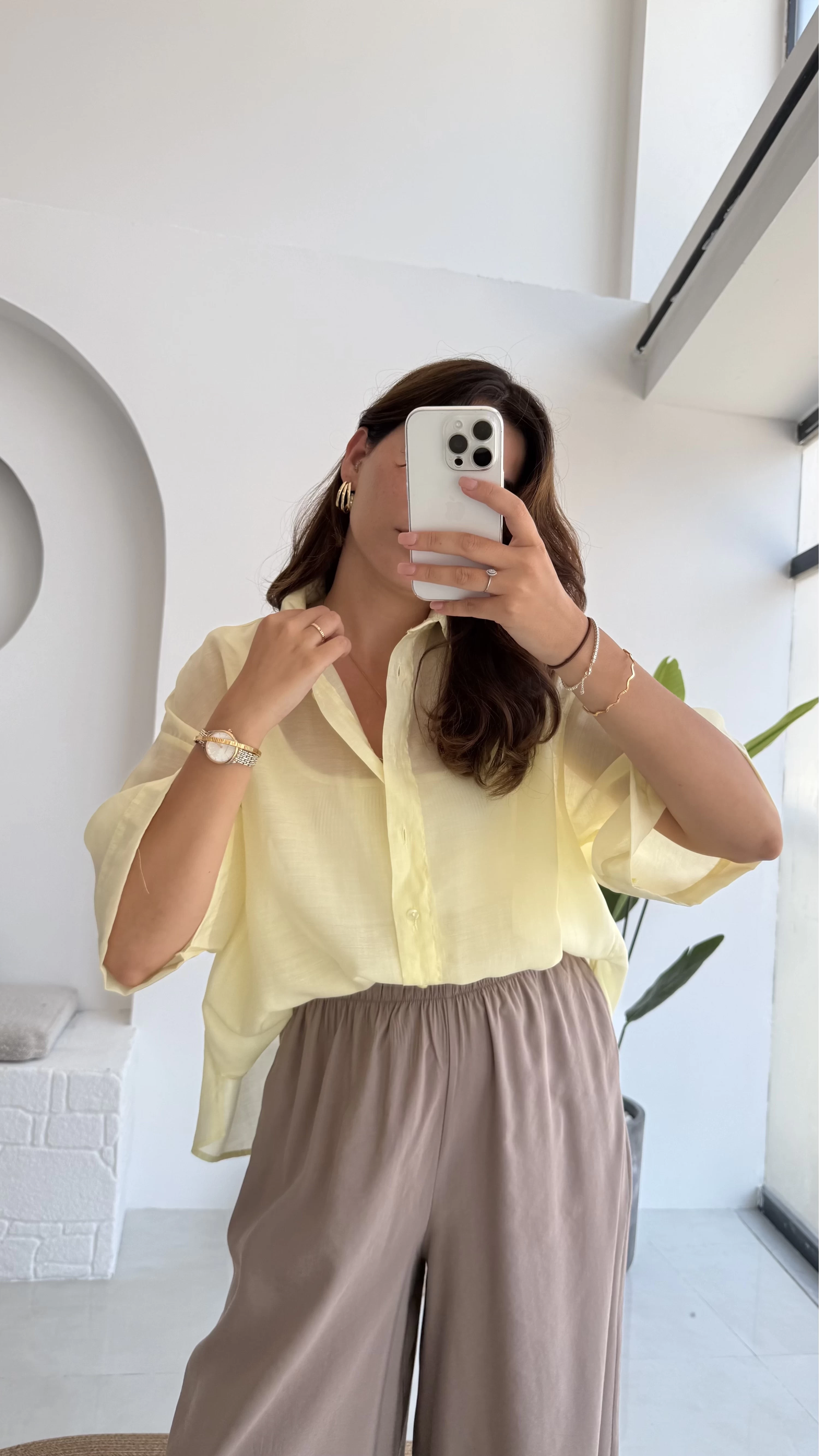 Andora Oversize İpeksi Gömlek - Sarı - Kod: 4927