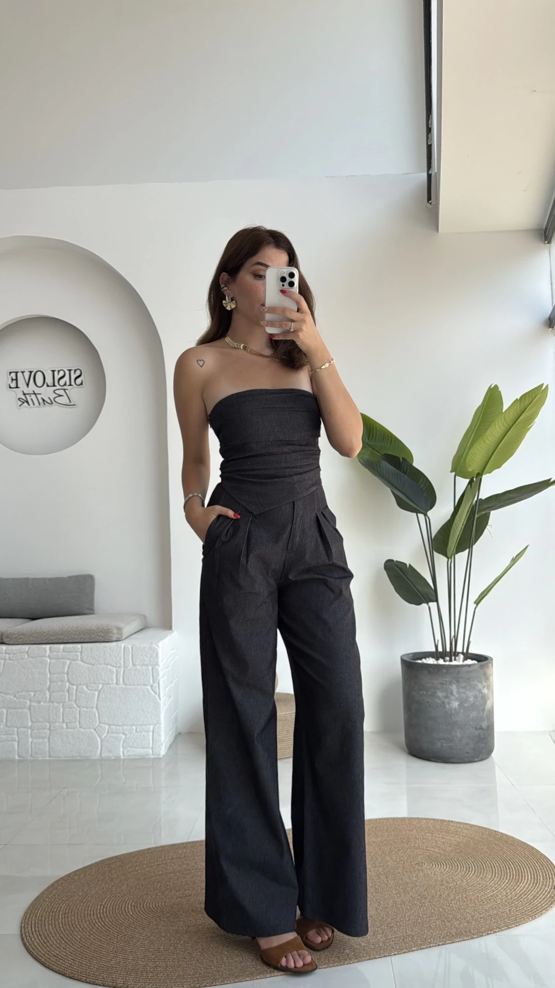 Angela Denim Straplez Bluz Pantolon Takım - 2025148