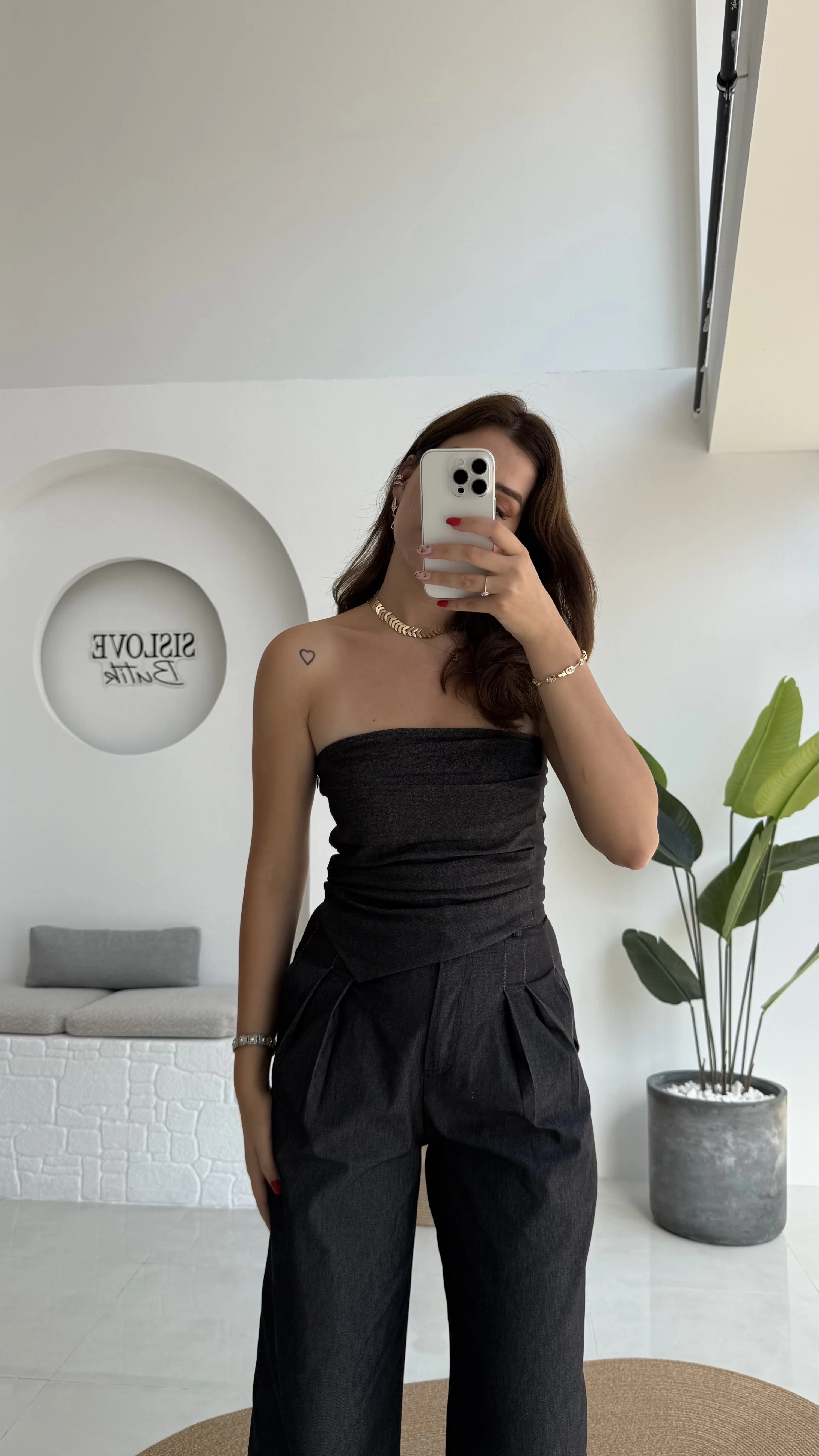 Angela Denim Straplez Bluz Pantolon Takım - 2025148