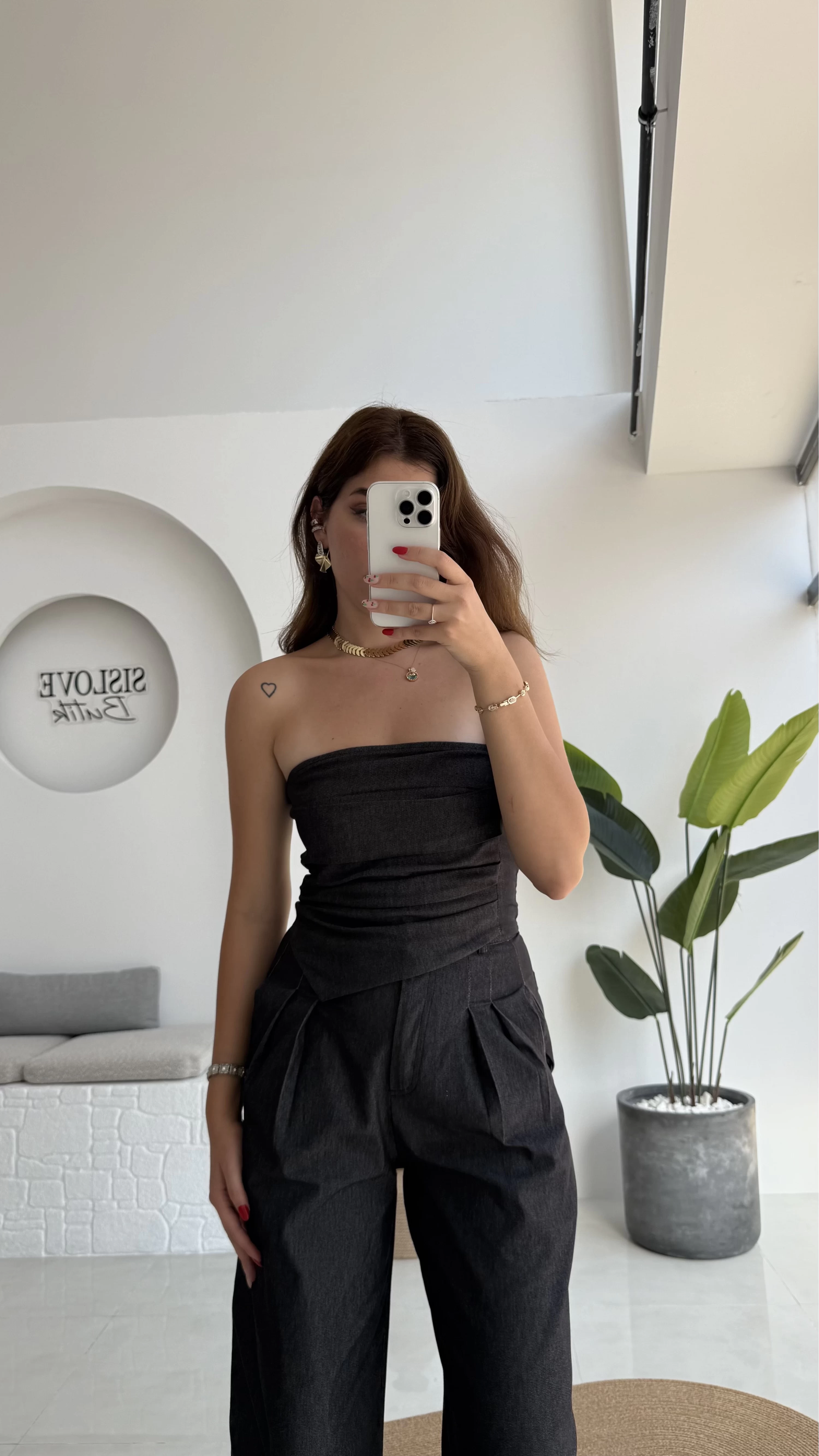 Angela Denim Straplez Bluz Pantolon Takım - 2025148