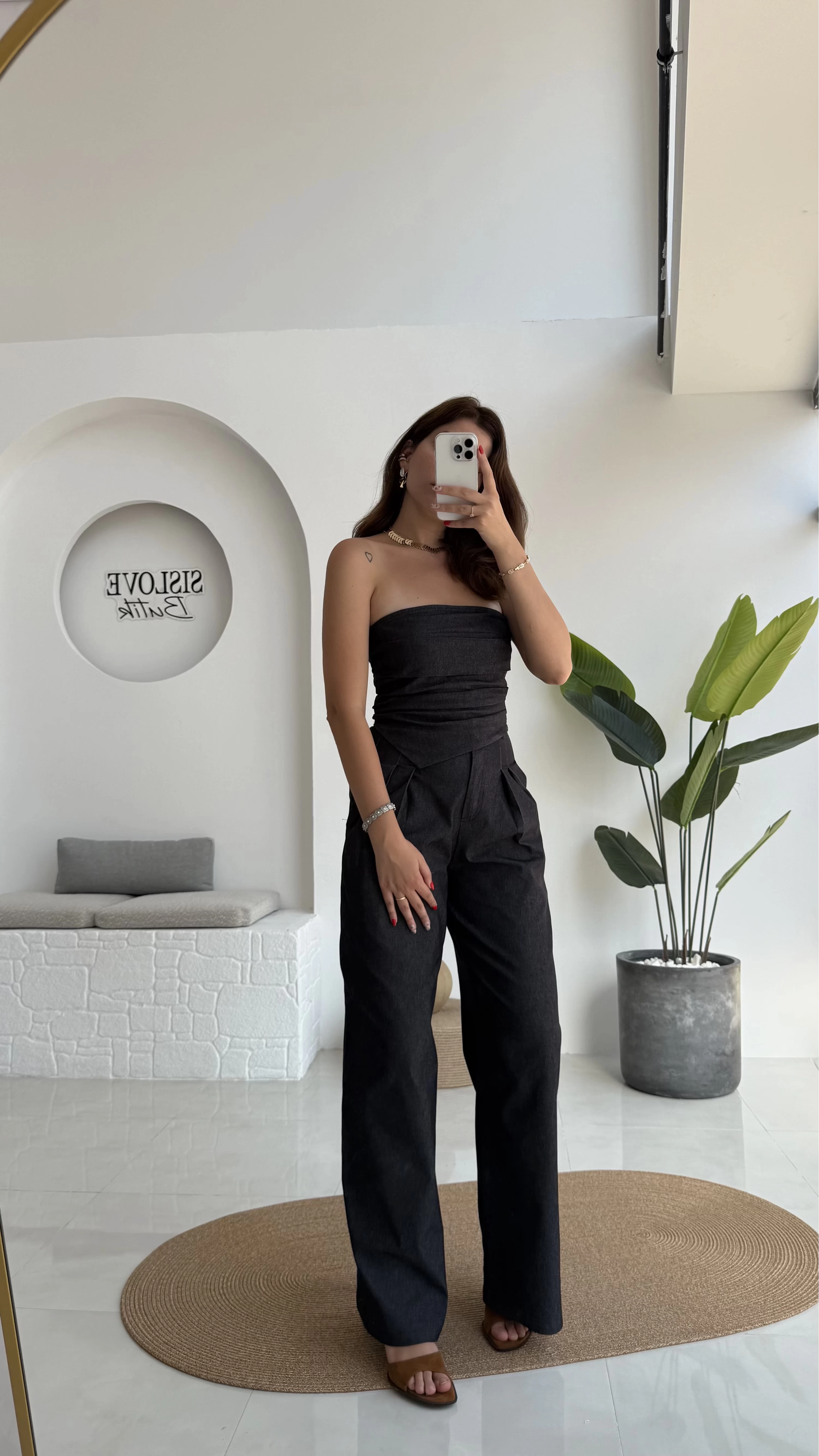 Angela Denim Straplez Bluz Pantolon Takım - 2025148