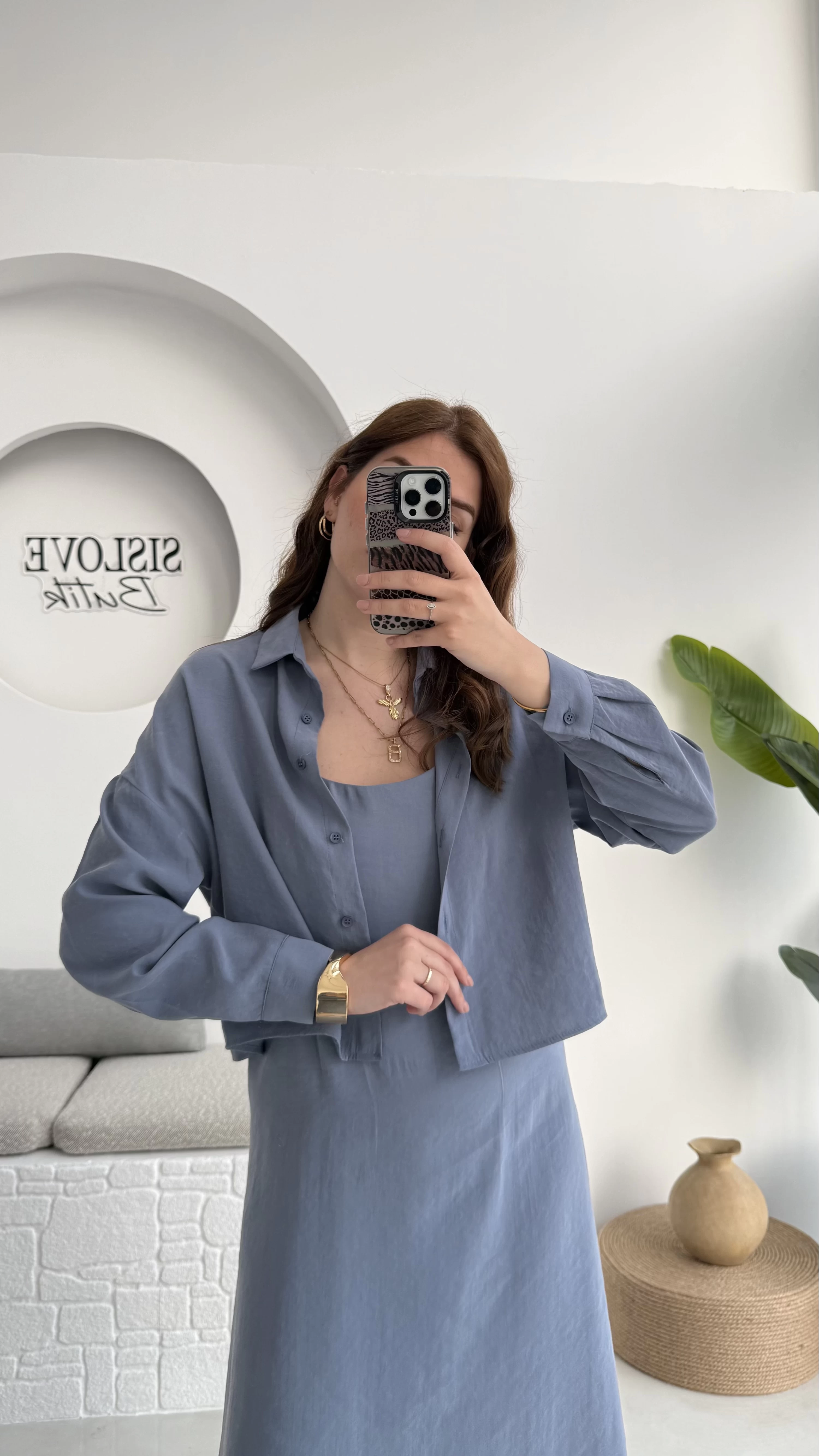 Askılı Gömlek Elbise Takım - 51153 - Gri-Mavi