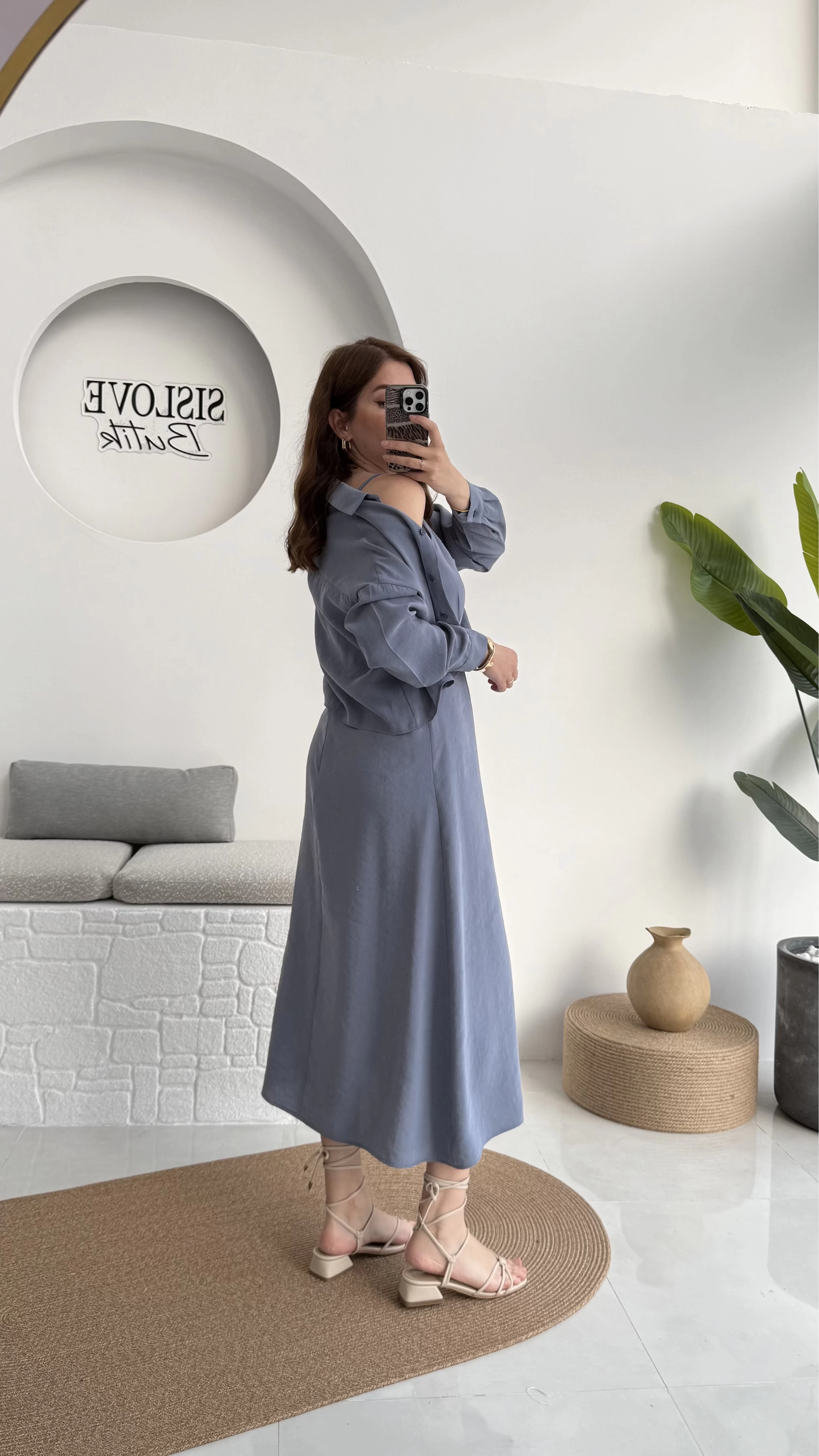 Askılı Gömlek Elbise Takım - 51153 - Gri-Mavi