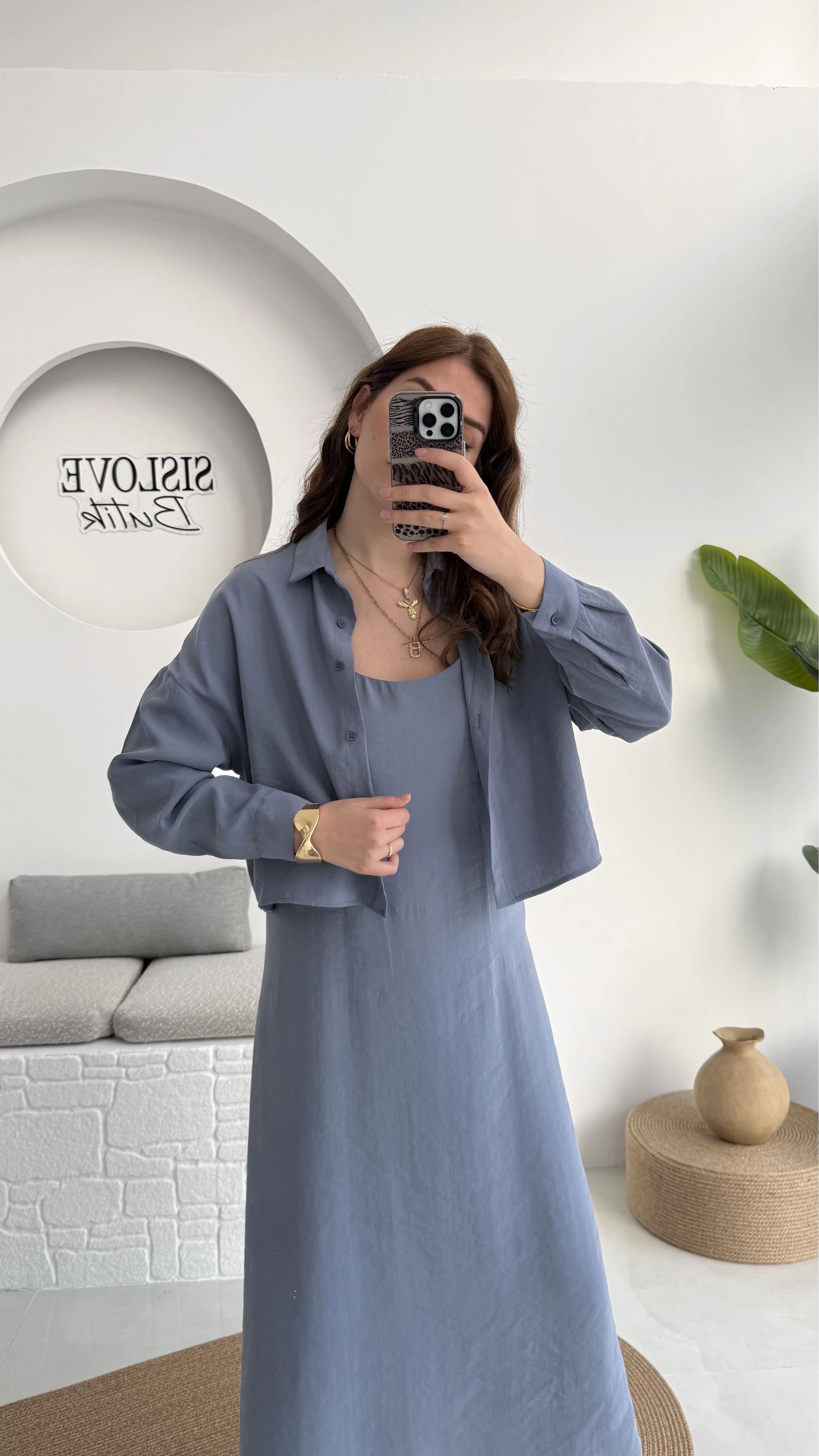Askılı Gömlek Elbise Takım - 51153 - Gri-Mavi
