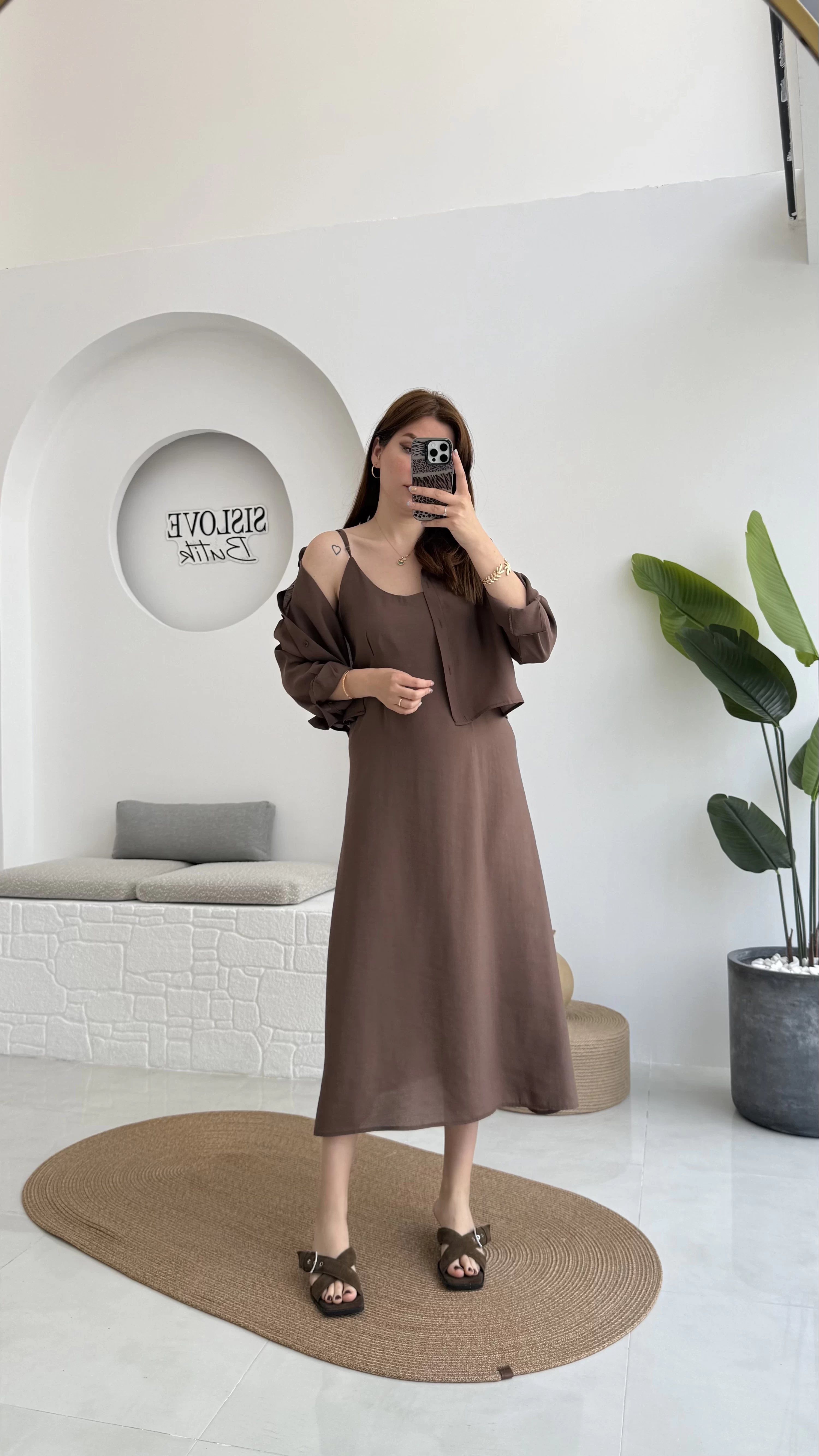 Askılı Gömlek Elbise Takım - 51153 - Kahve