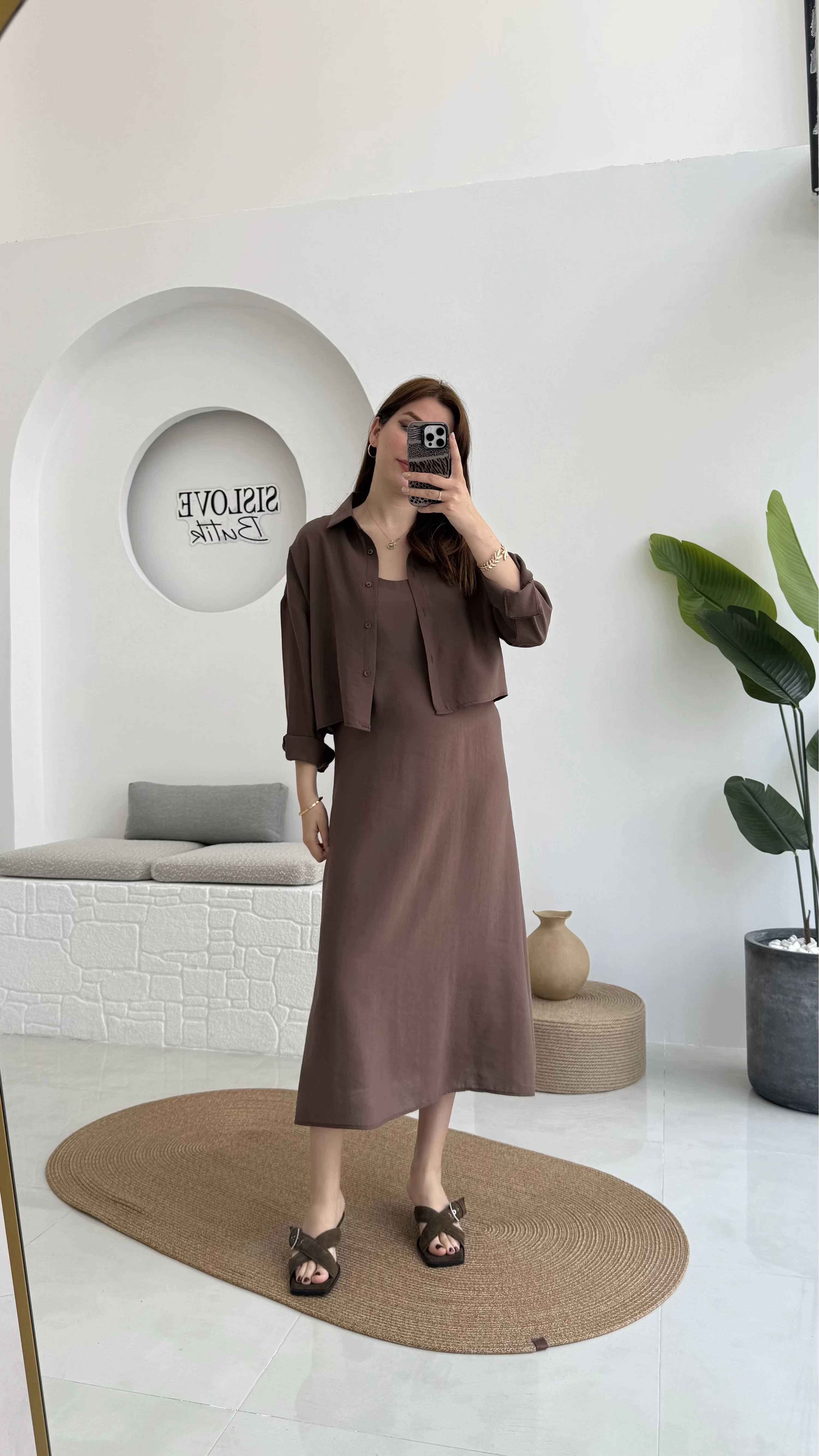 Askılı Gömlek Elbise Takım - 51153 - Kahve