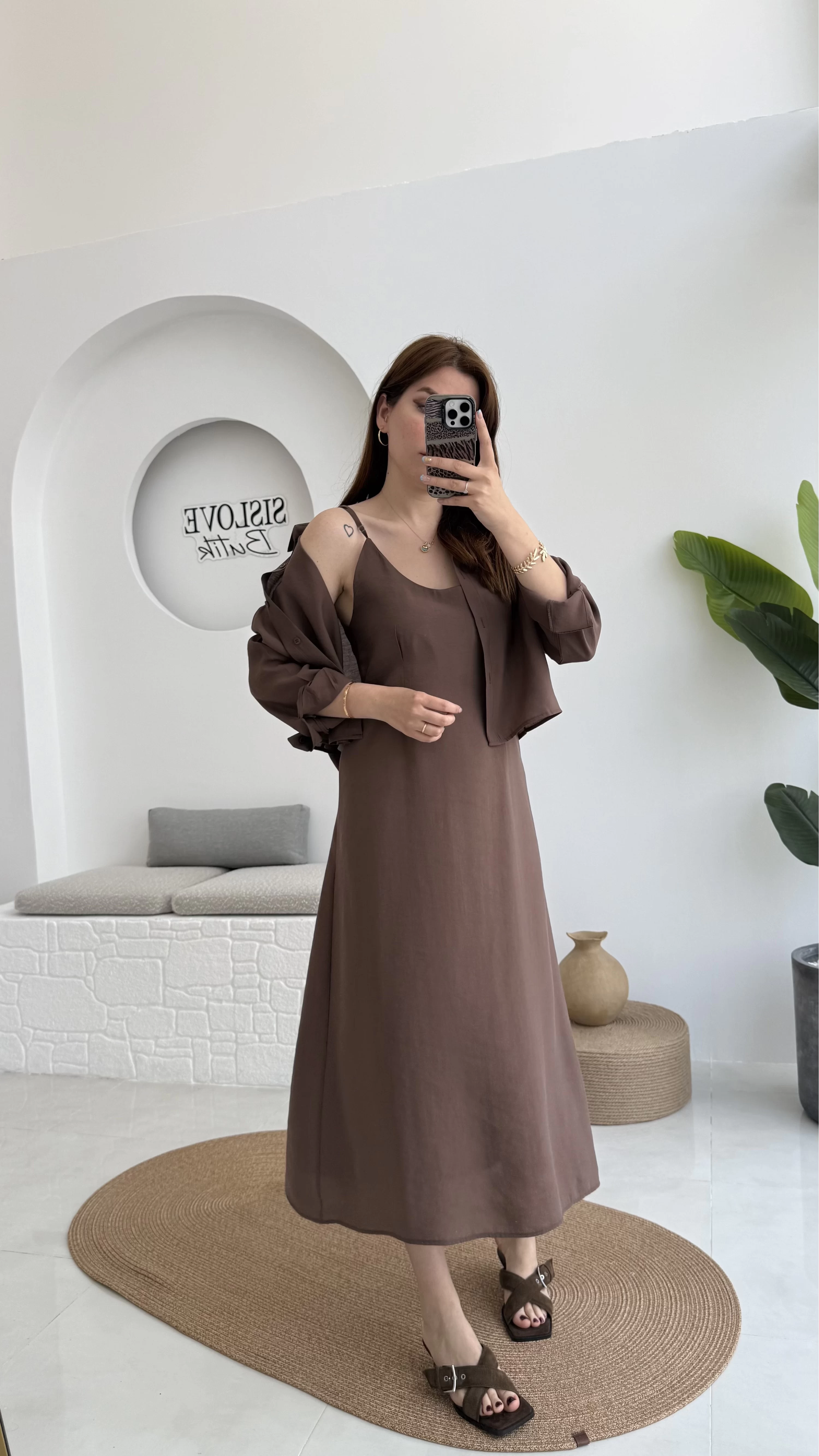 Askılı Gömlek Elbise Takım - 51153 - Kahve