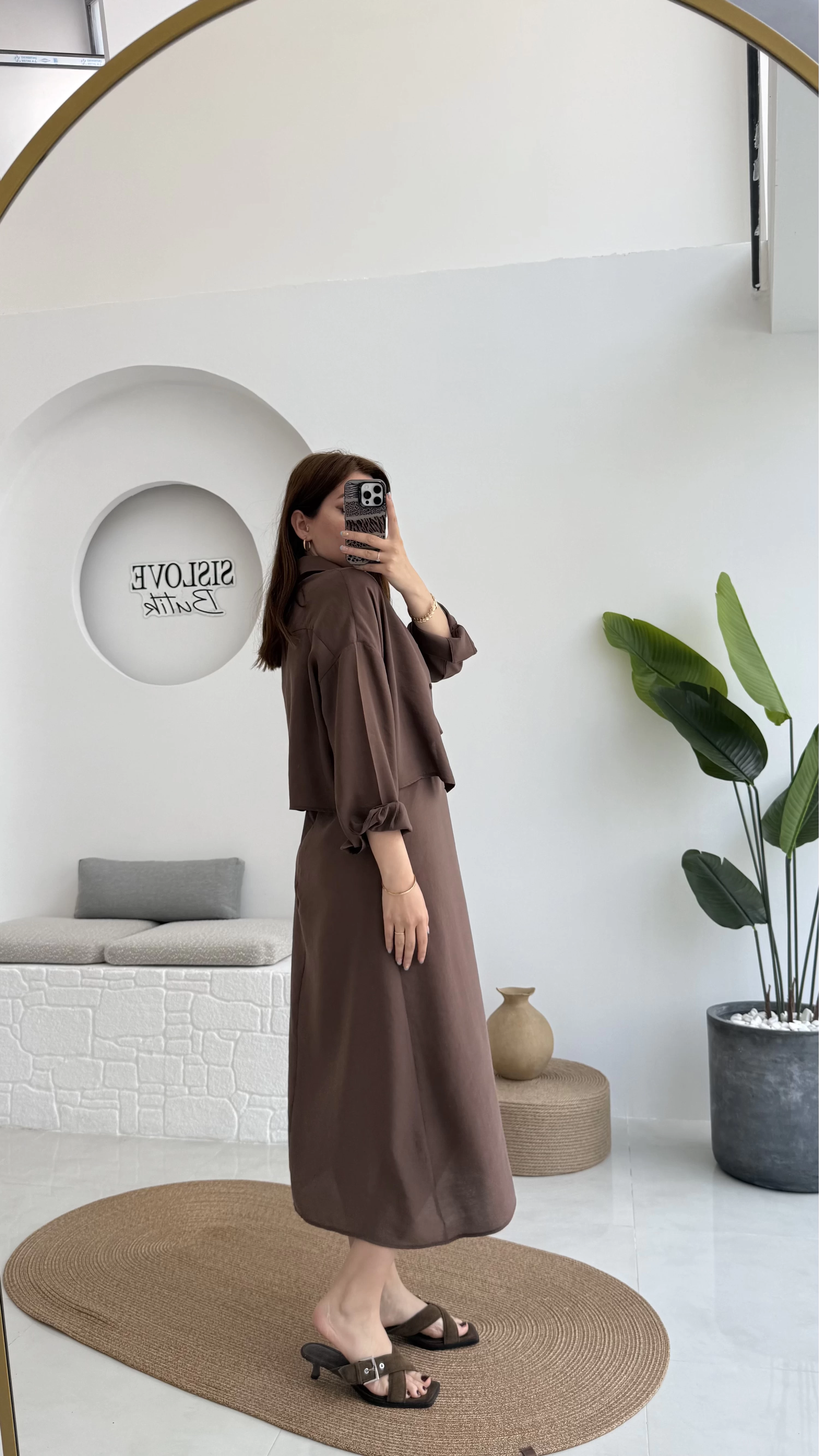 Askılı Gömlek Elbise Takım - 51153 - Kahve