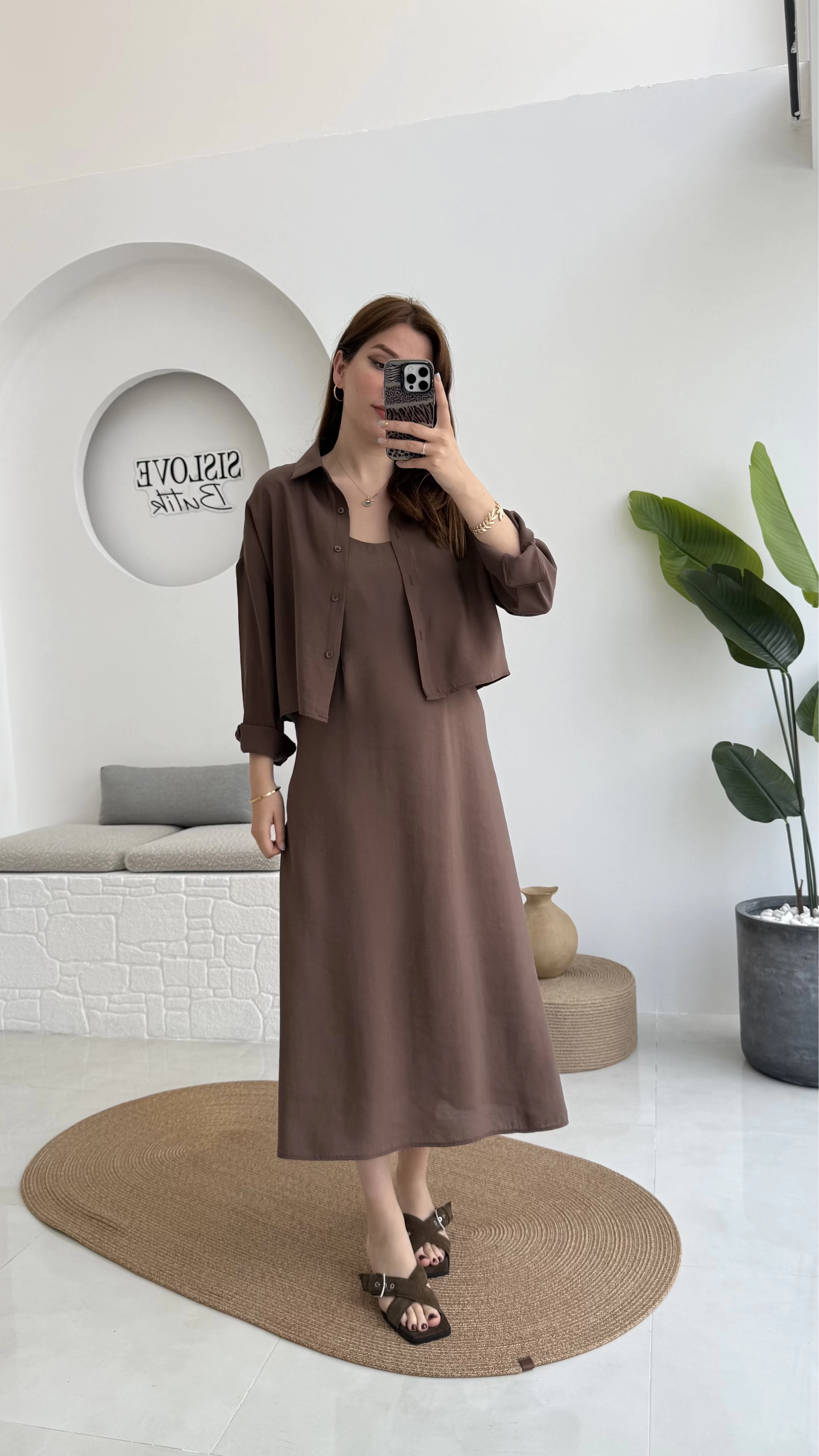 Askılı Gömlek Elbise Takım - 51153 - Kahve
