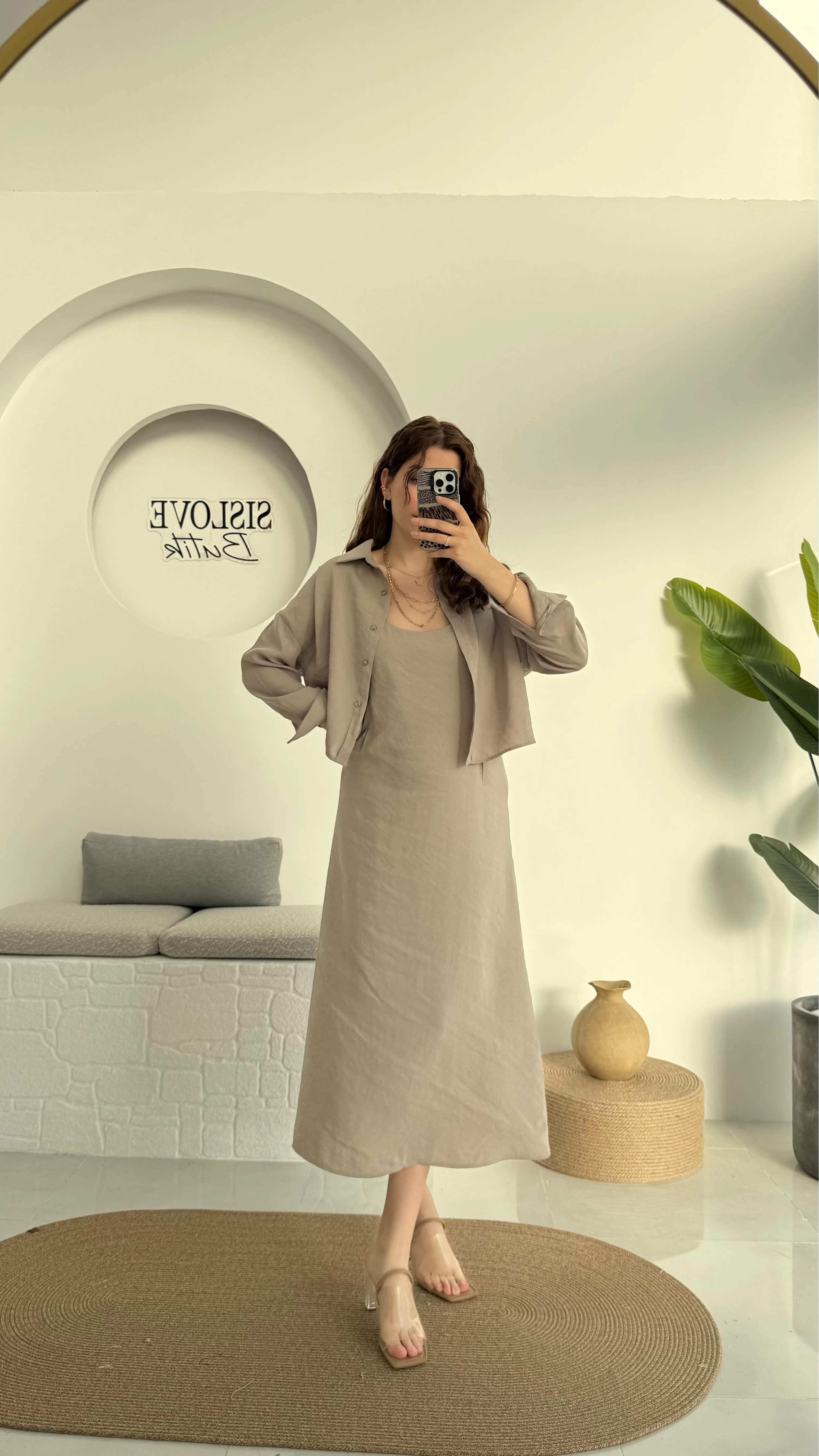 Askılı Gömlek Elbise Takım - 51153 - Vizon