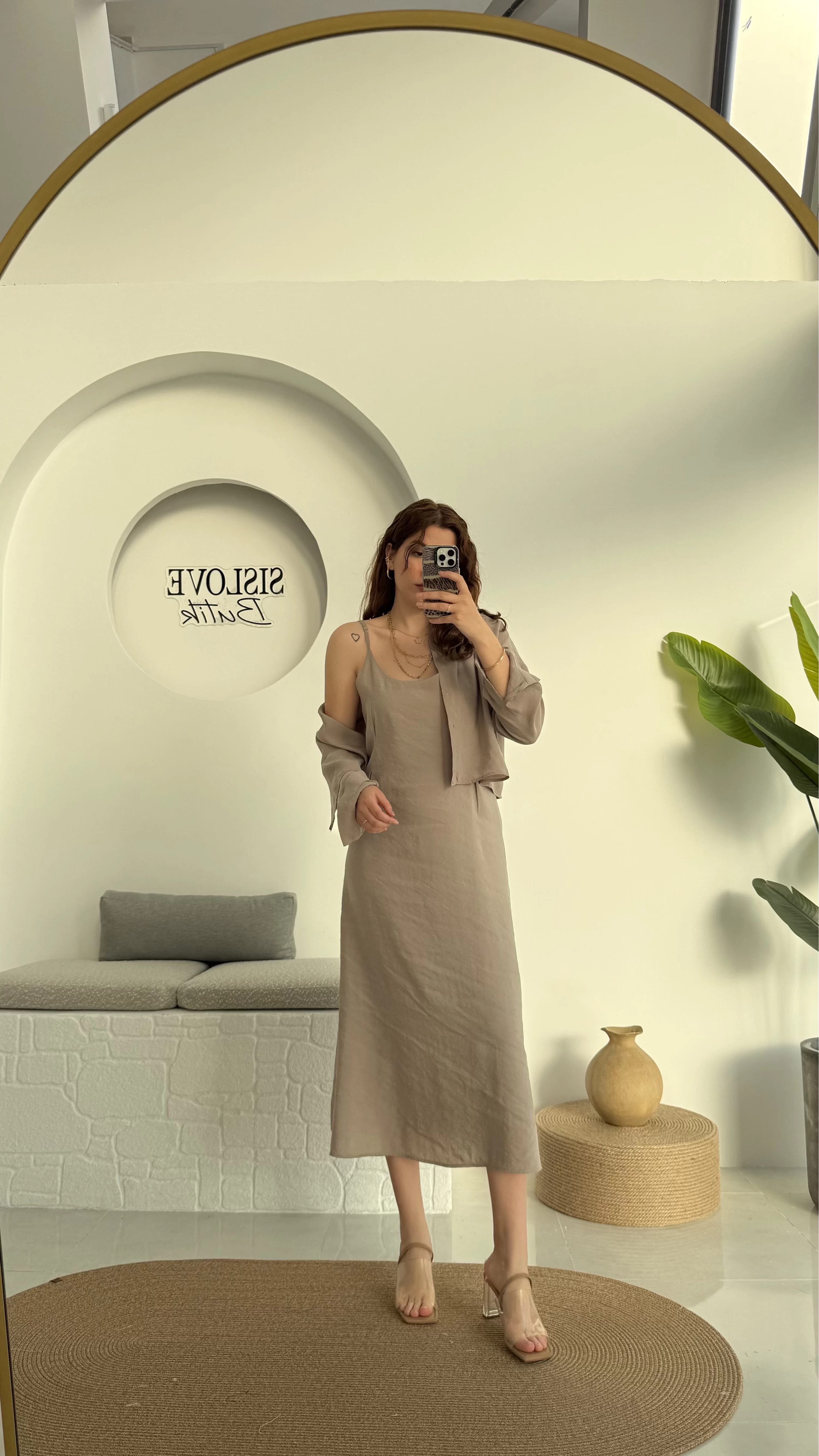 Askılı Gömlek Elbise Takım - 51153 - Vizon