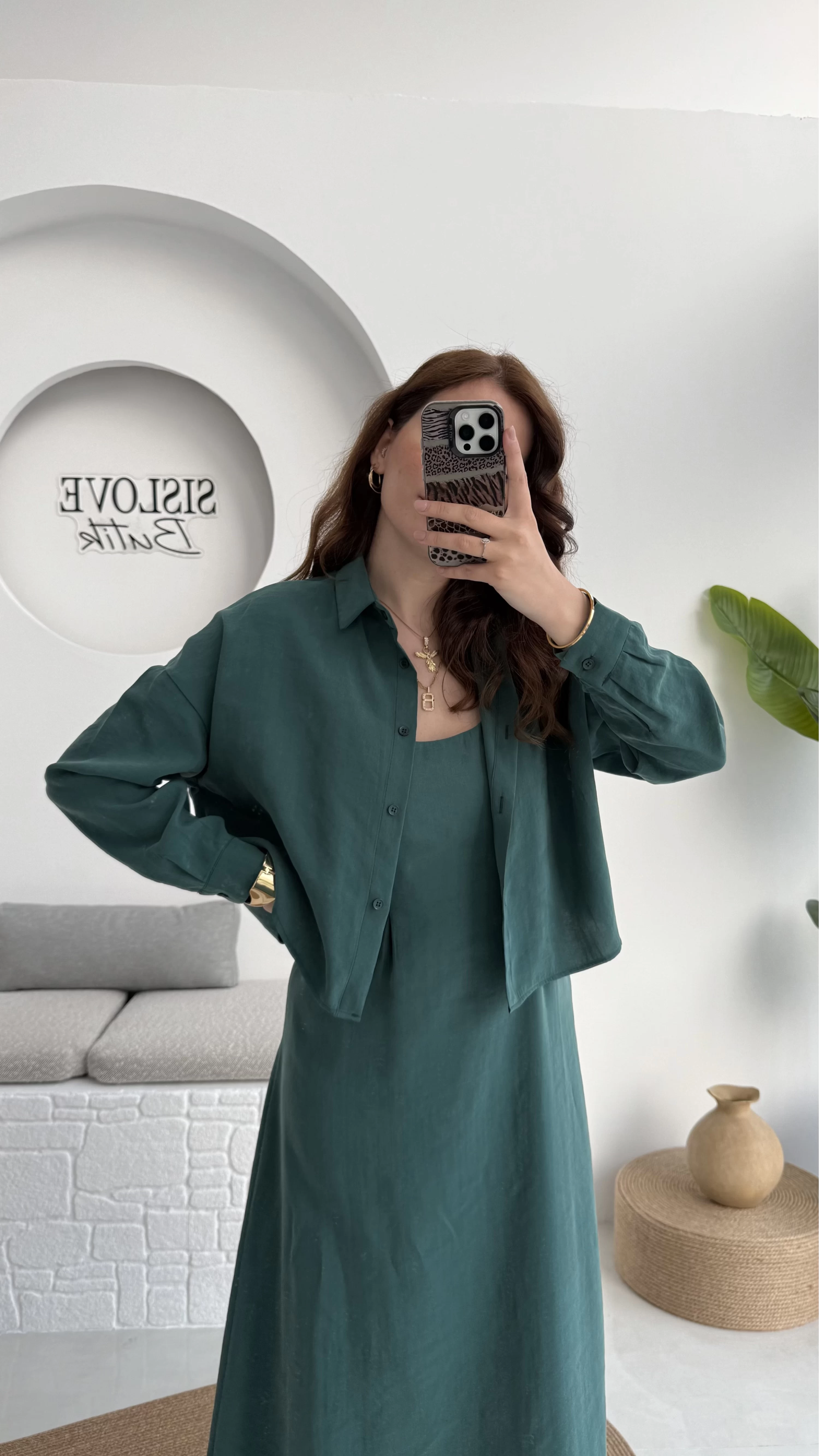 Askılı Gömlek Elbise Takım - 51153 - Zümrüt Yeşili