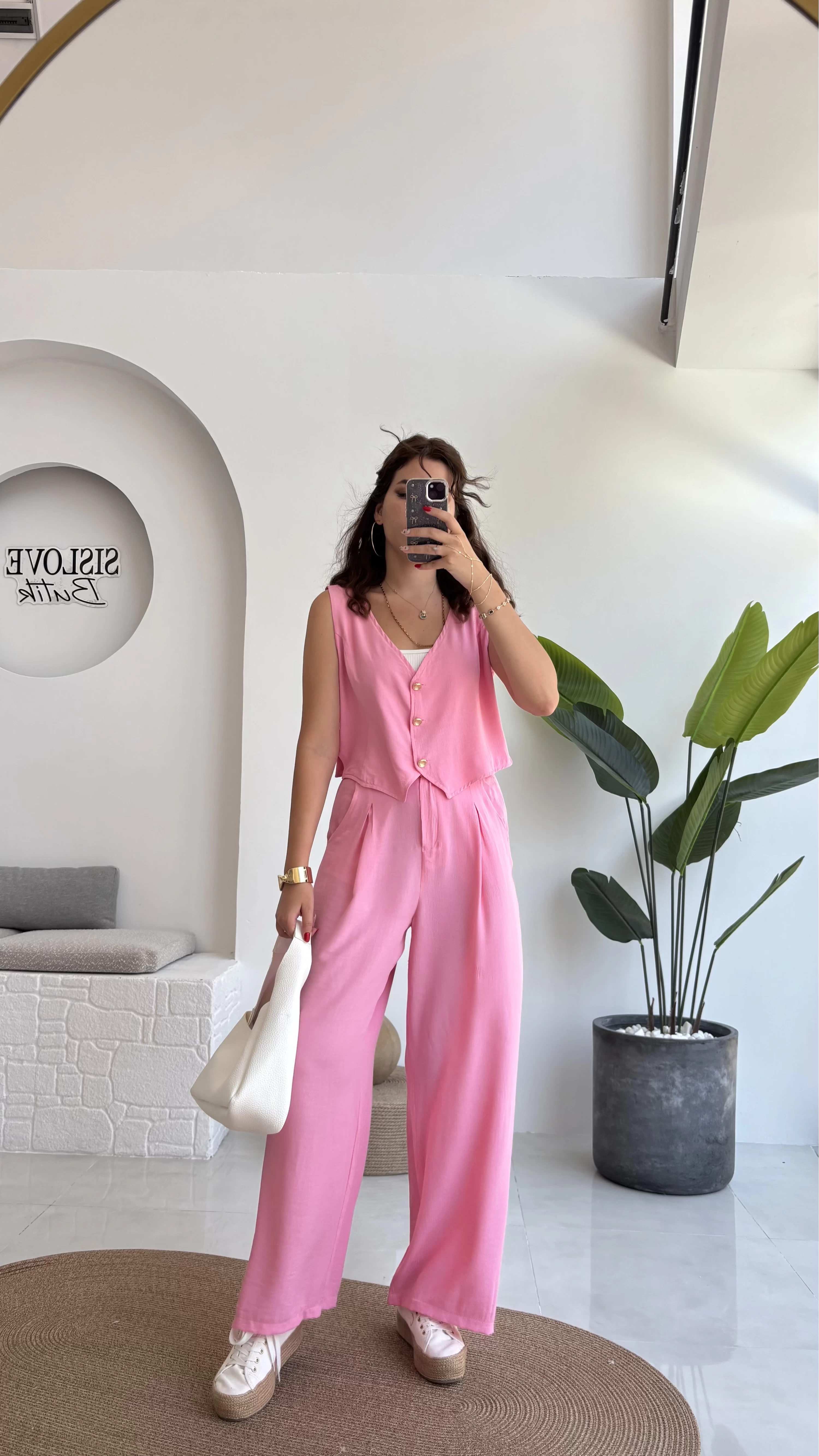 Aurora Gold Düğmeli Yelek Pantolon Takım - Pembe - 8009