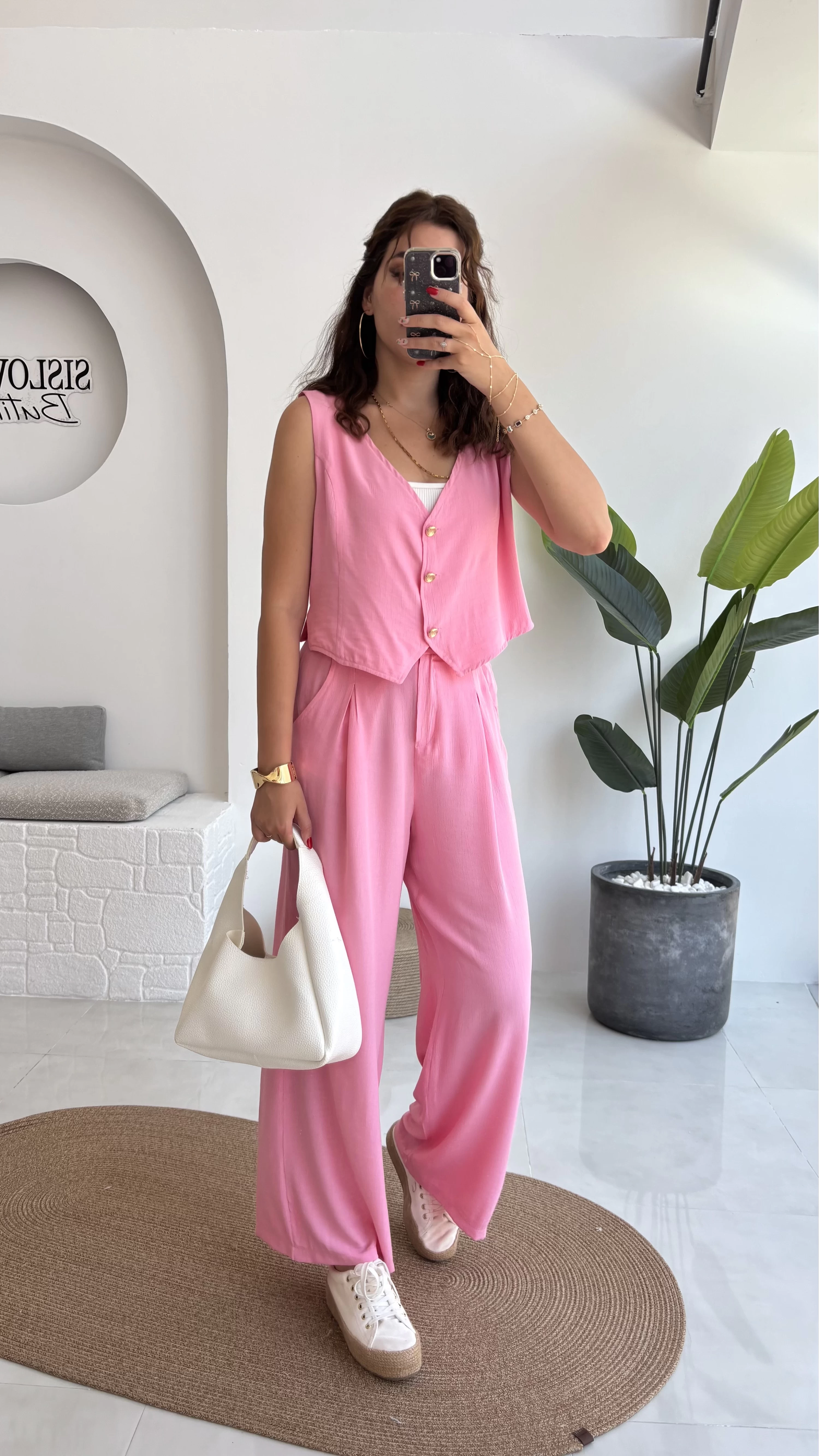 Aurora Gold Düğmeli Yelek Pantolon Takım - Pembe - 8009
