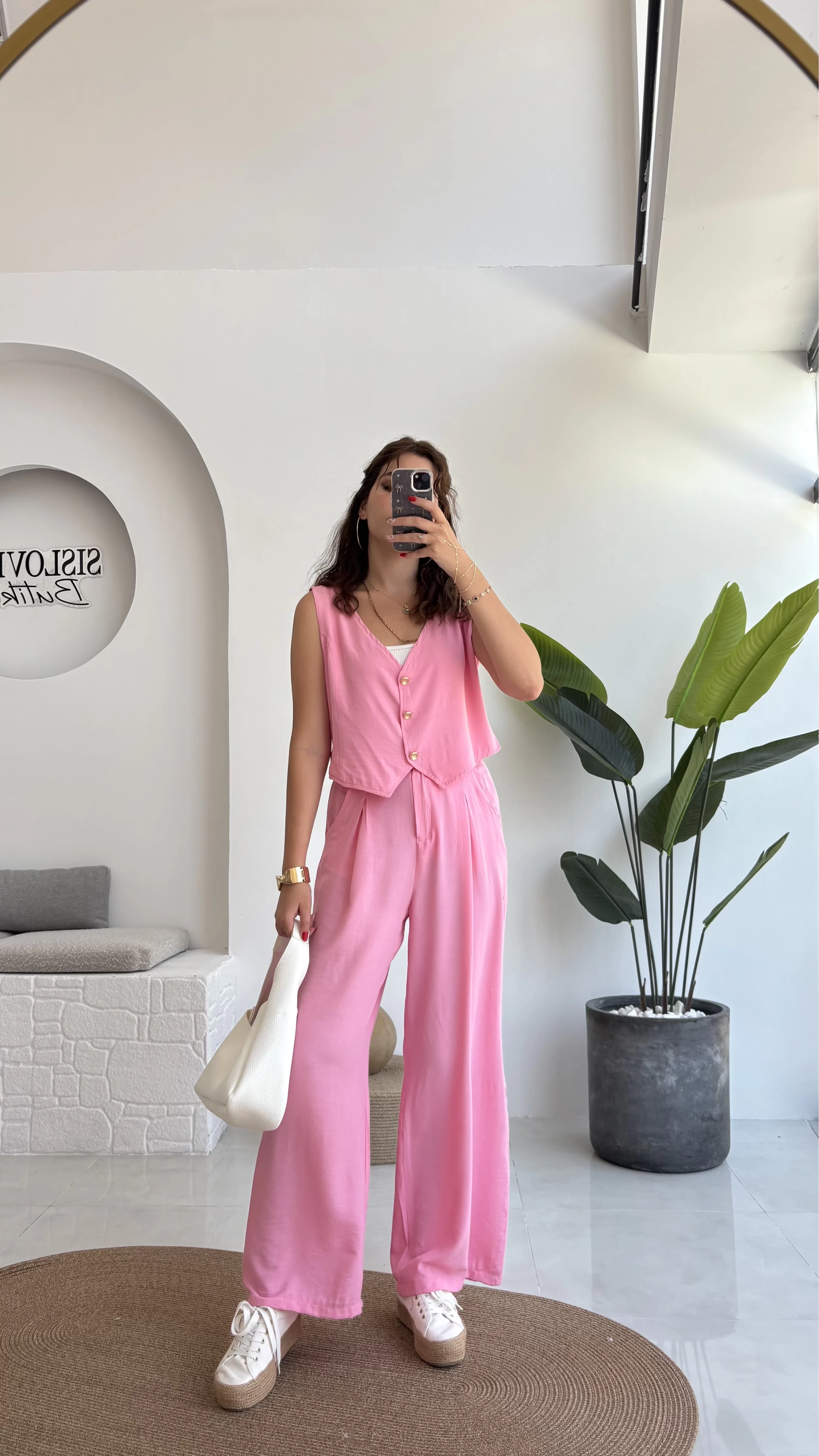 Aurora Gold Düğmeli Yelek Pantolon Takım - Pembe - 8009