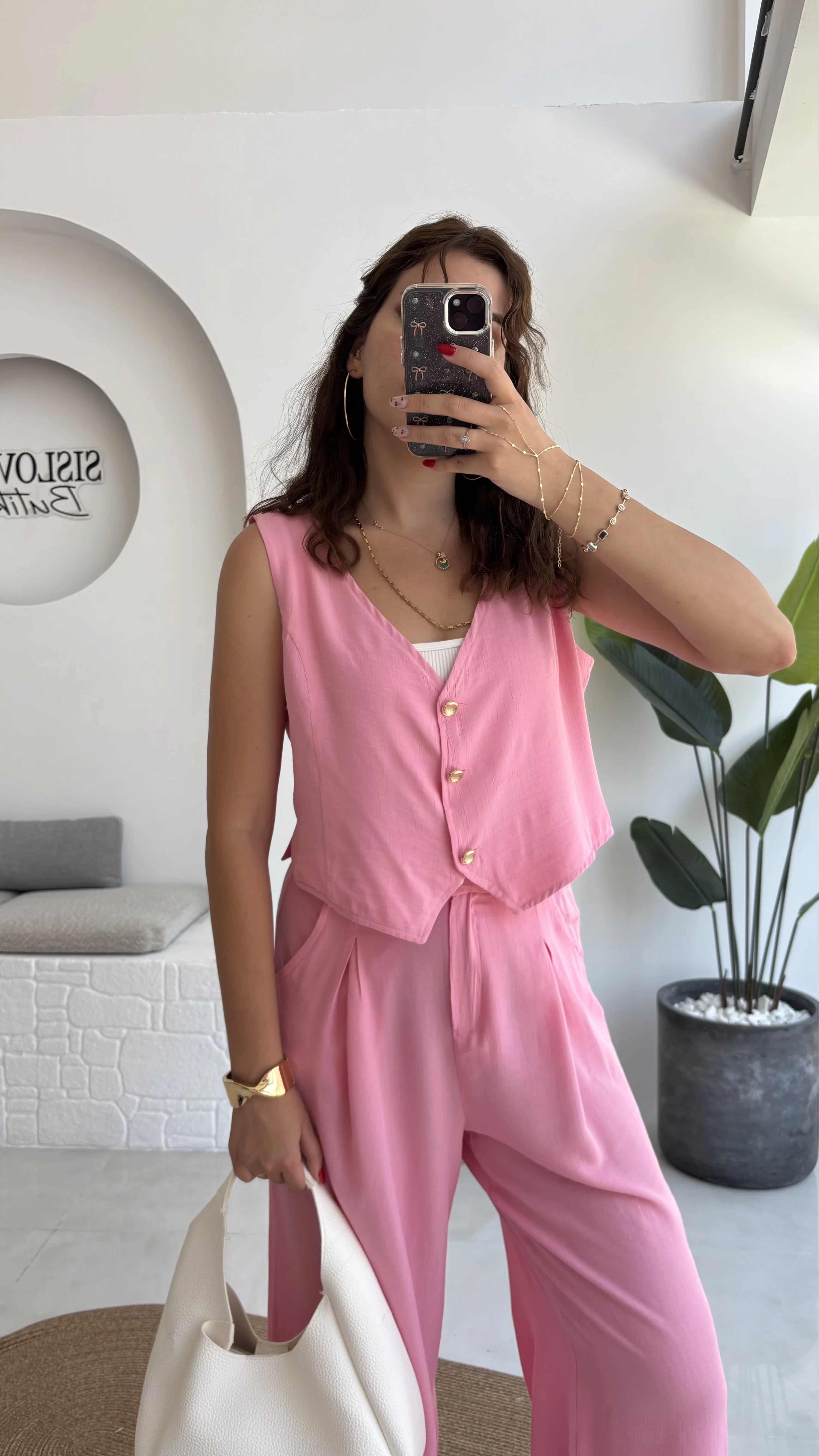 Aurora Gold Düğmeli Yelek Pantolon Takım - Pembe - 8009