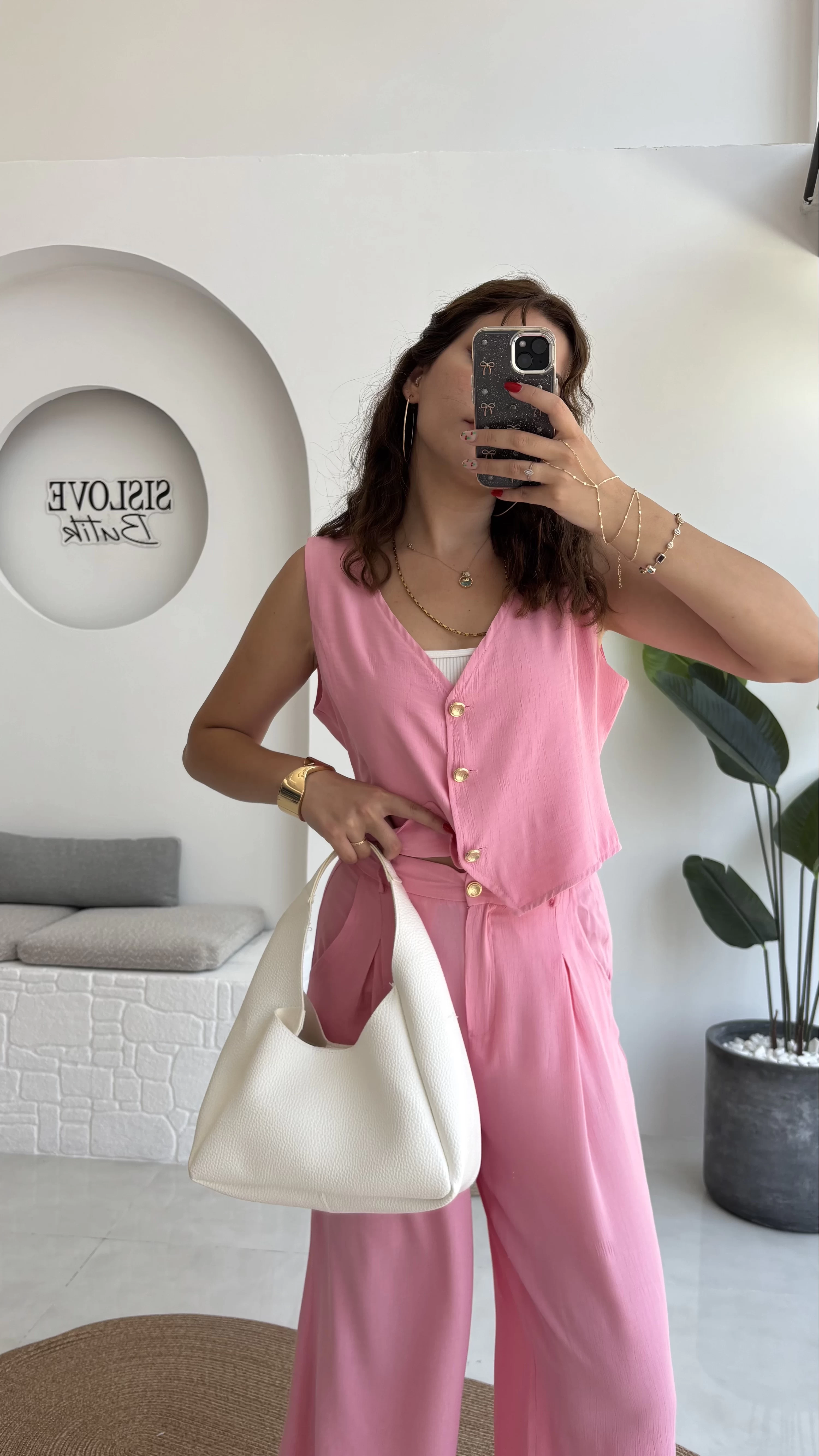 Aurora Gold Düğmeli Yelek Pantolon Takım - Pembe - 8009