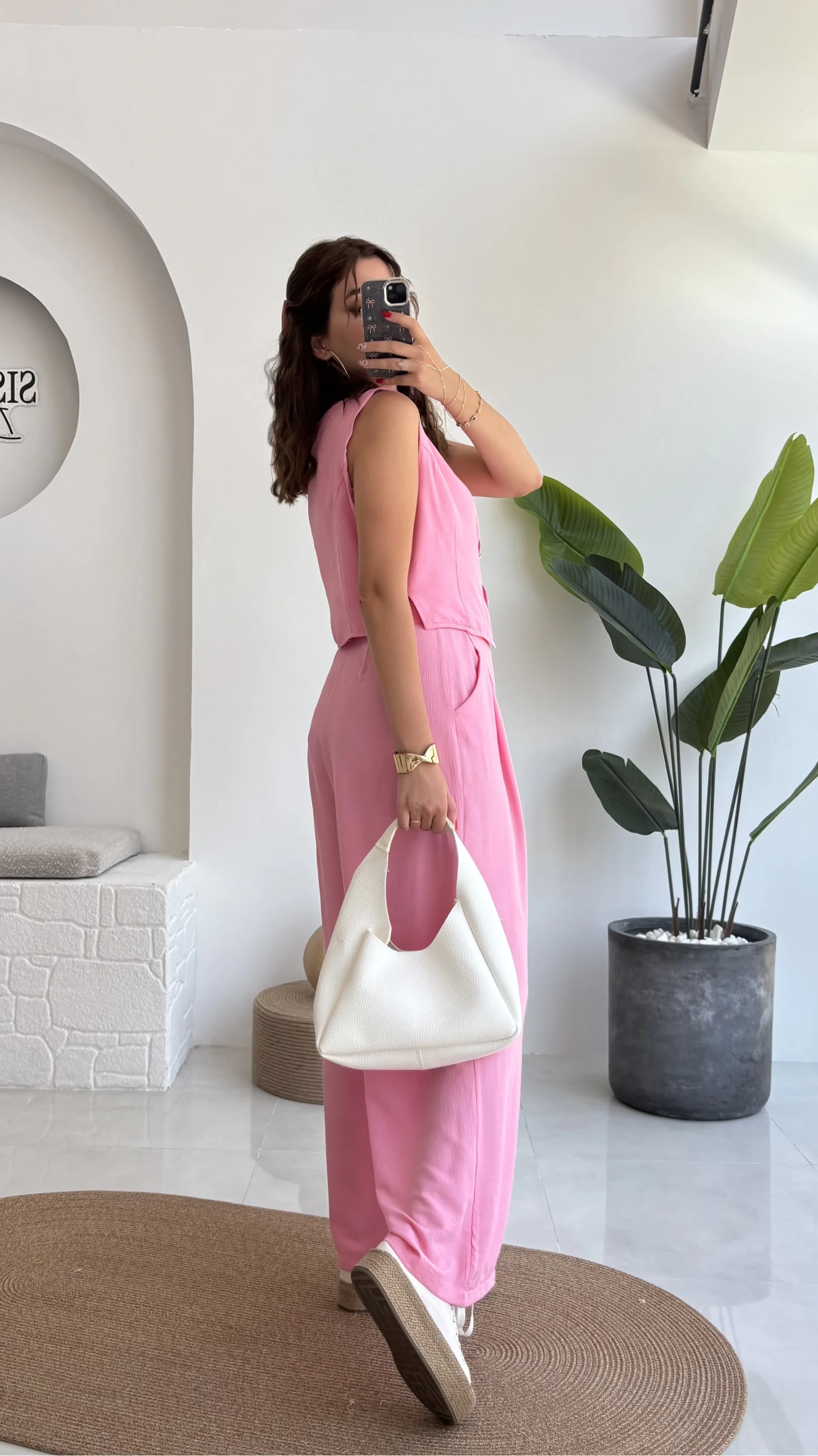 Aurora Gold Düğmeli Yelek Pantolon Takım - Pembe - 8009