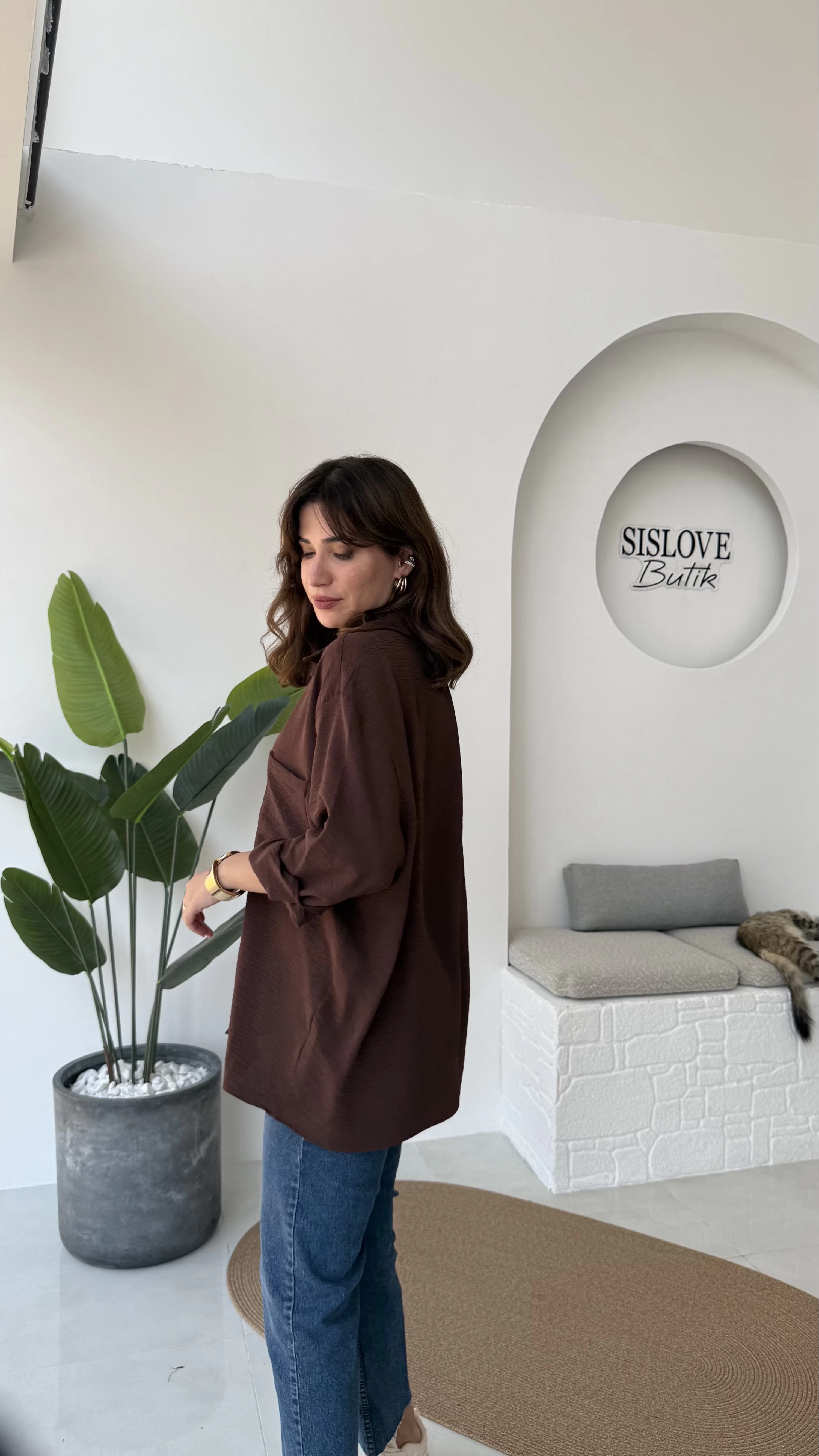 Ayrobin Kumaş Oversize Gömlek - Kahverengi