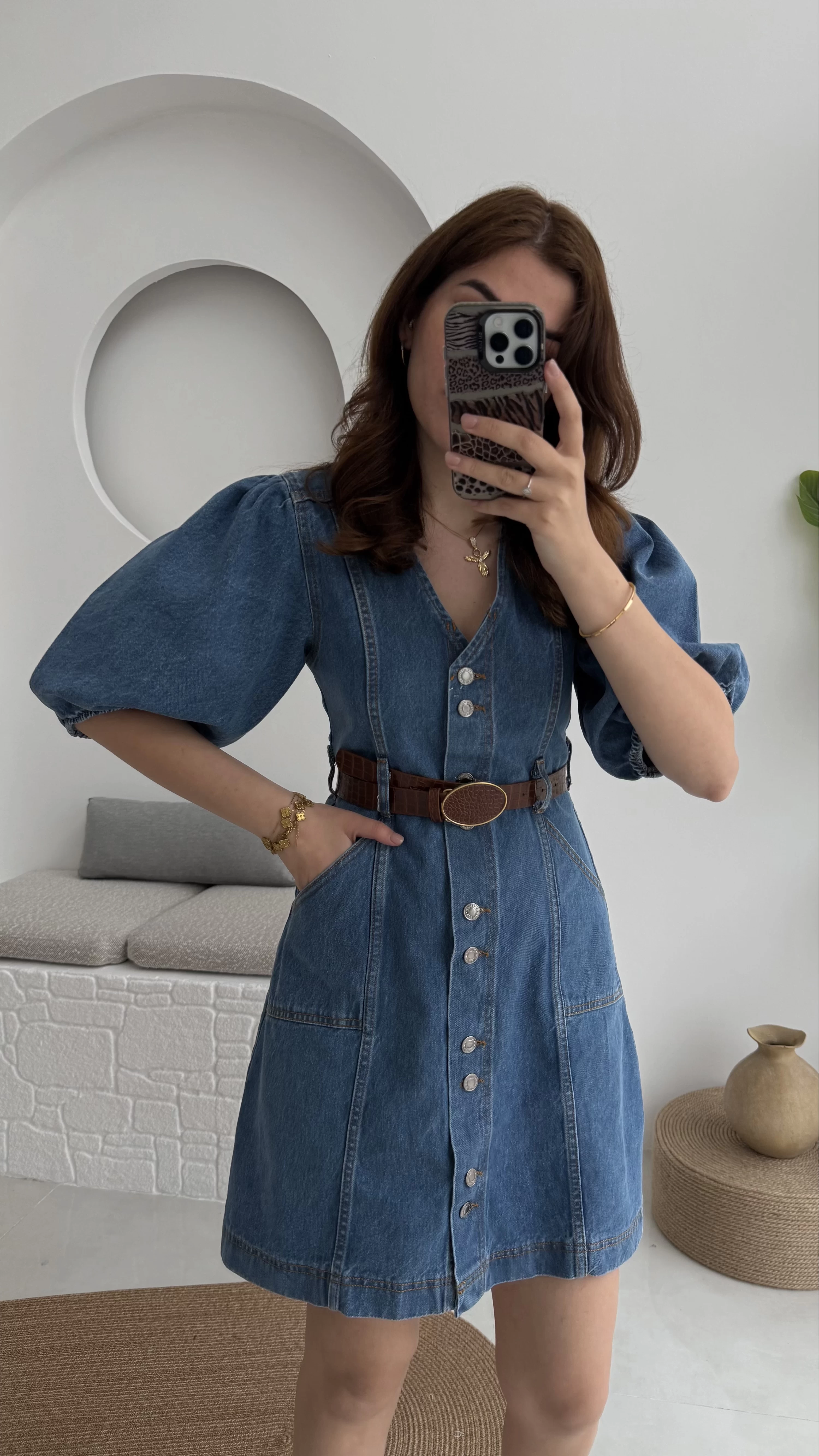 Balon Kol Denim Elbise