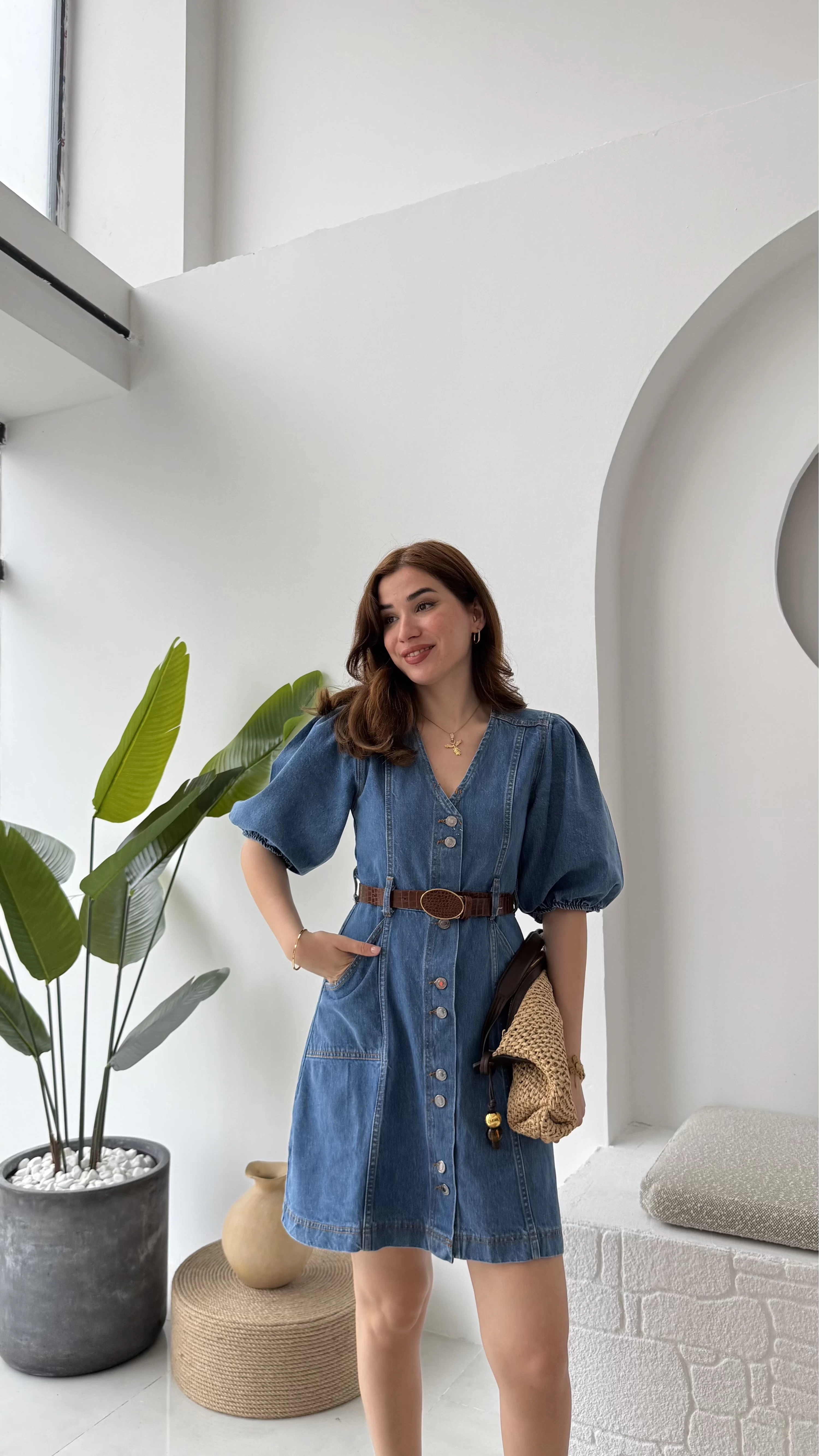 Balon Kol Denim Elbise