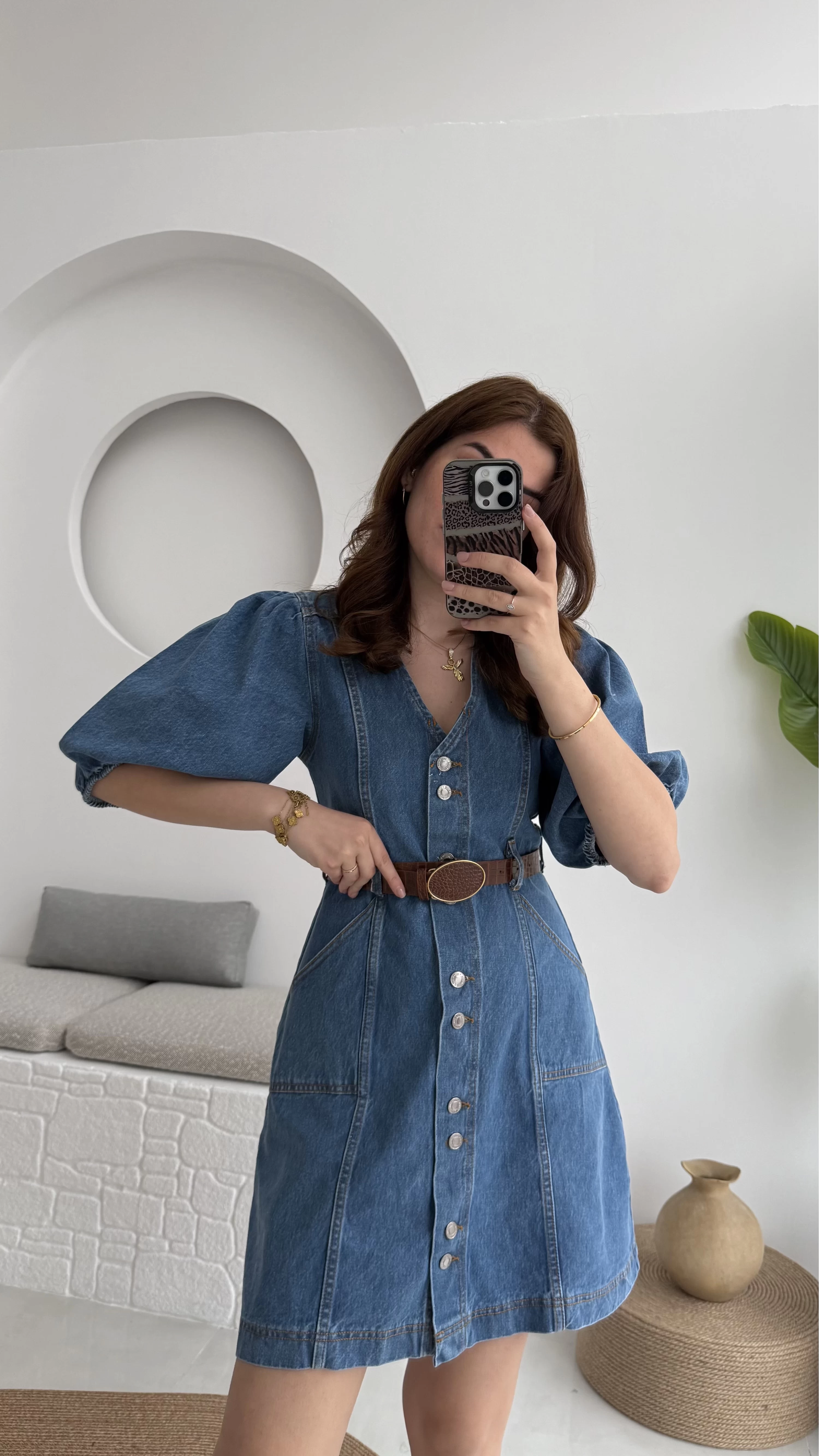 Balon Kol Denim Elbise