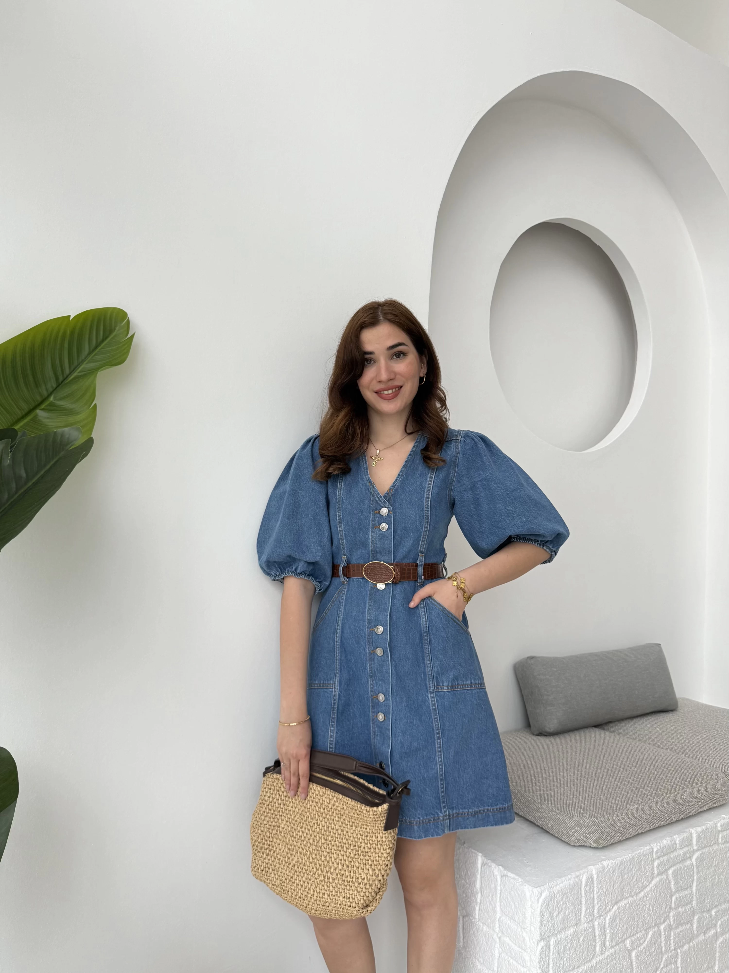 Balon Kol Denim Elbise