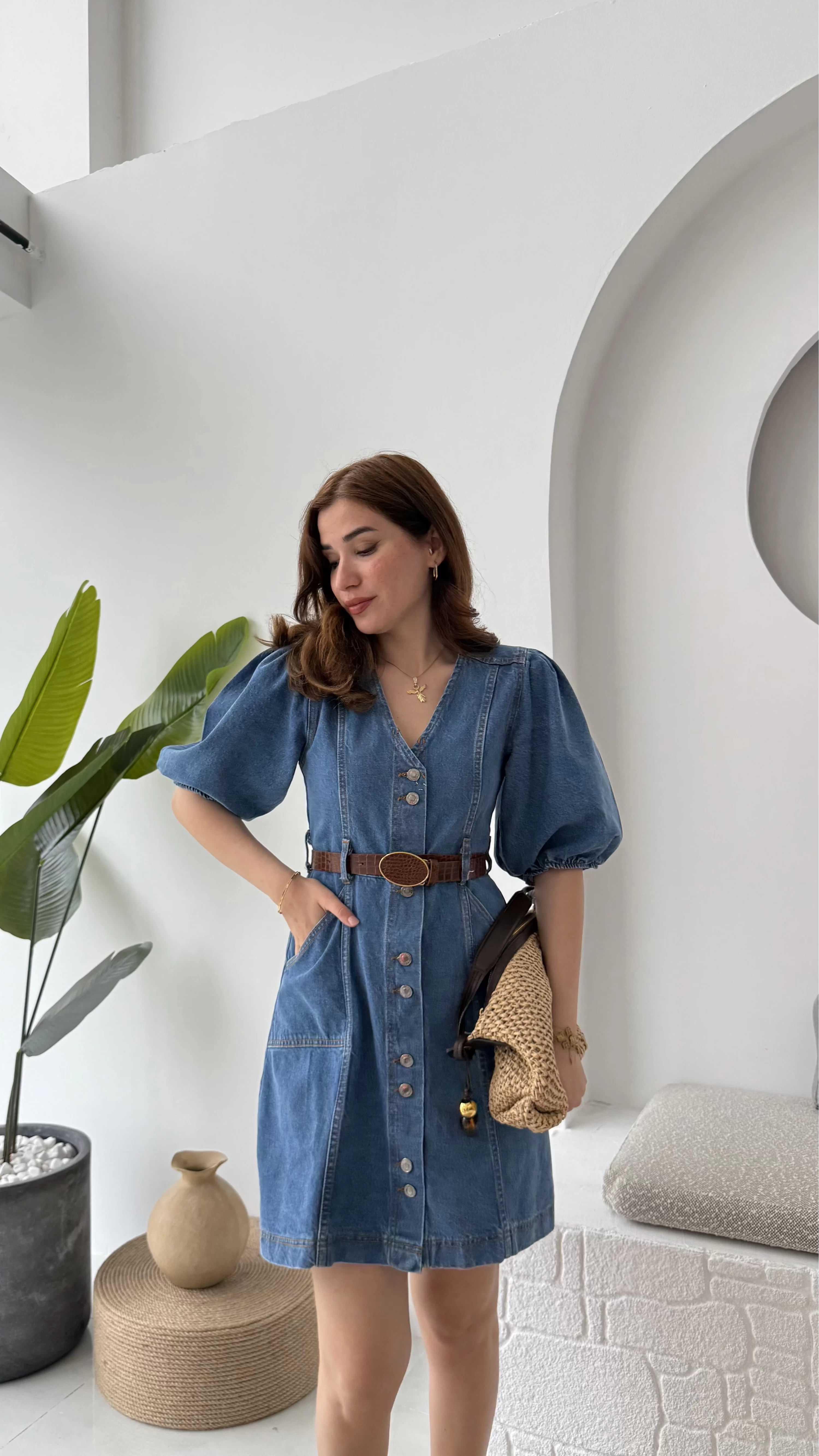 Balon Kol Denim Elbise