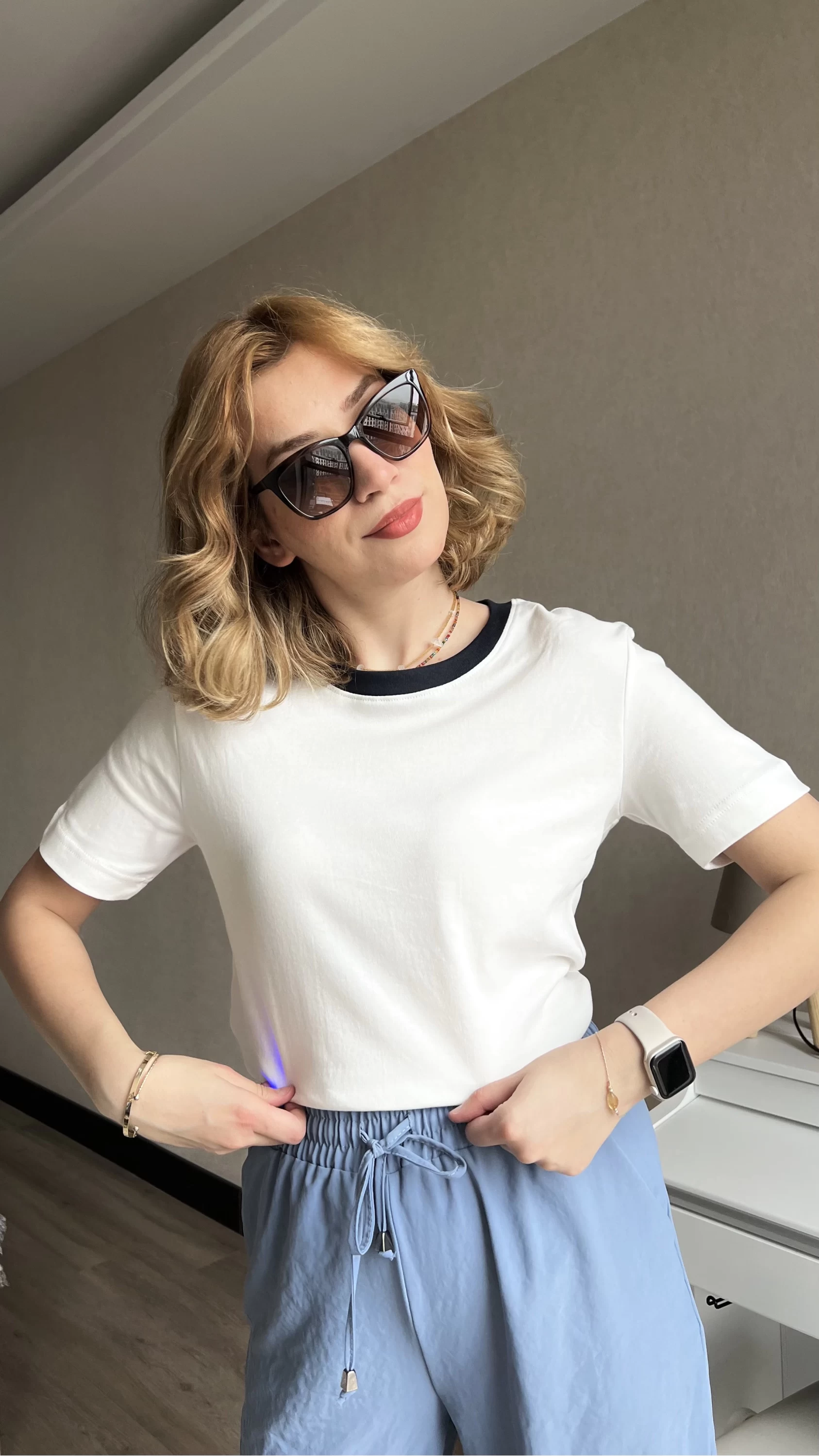 Basic Beyaz Şerit Detay T-Shirt