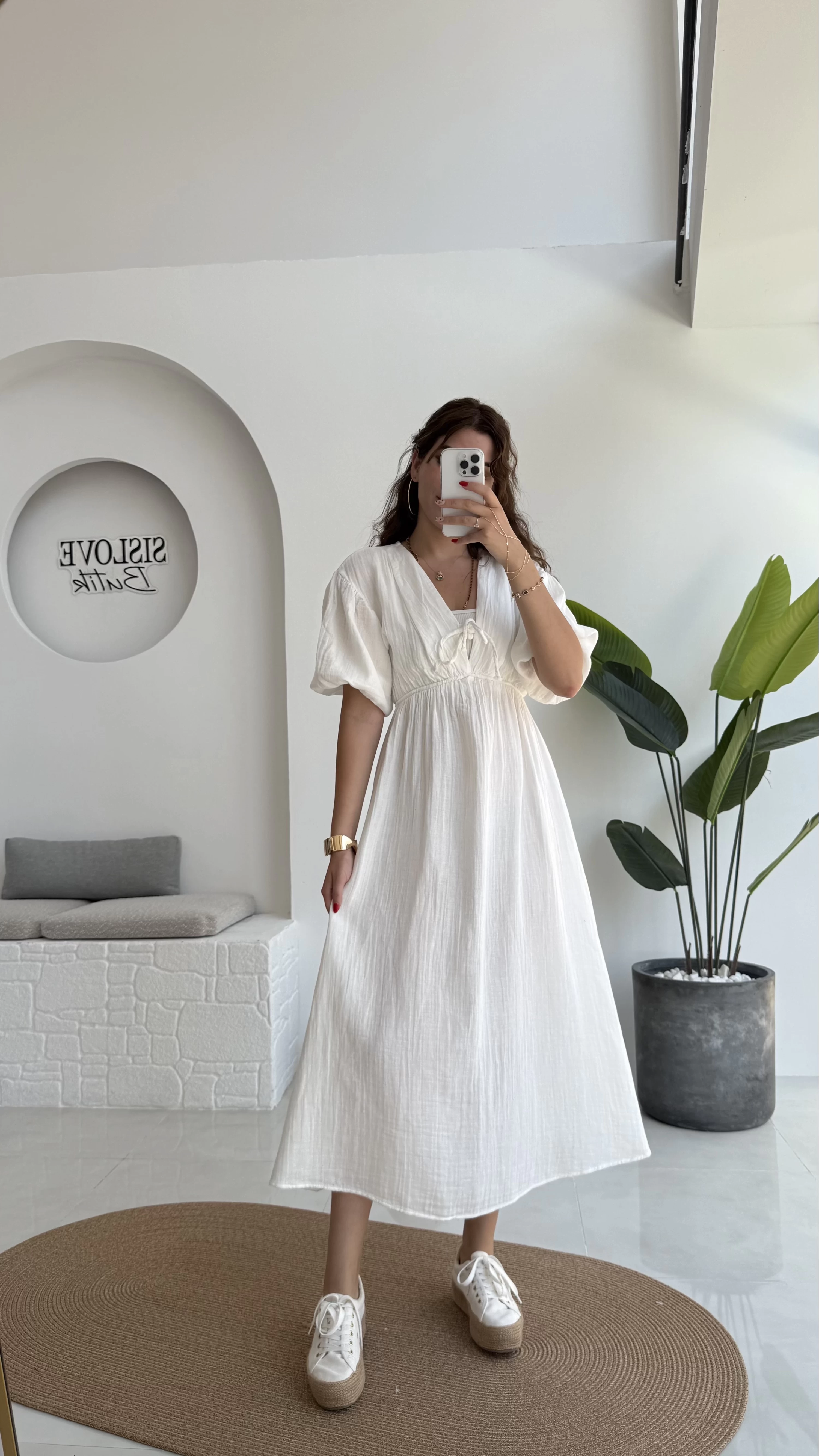 Becca Müslin Kumaş Elbise Beyaz