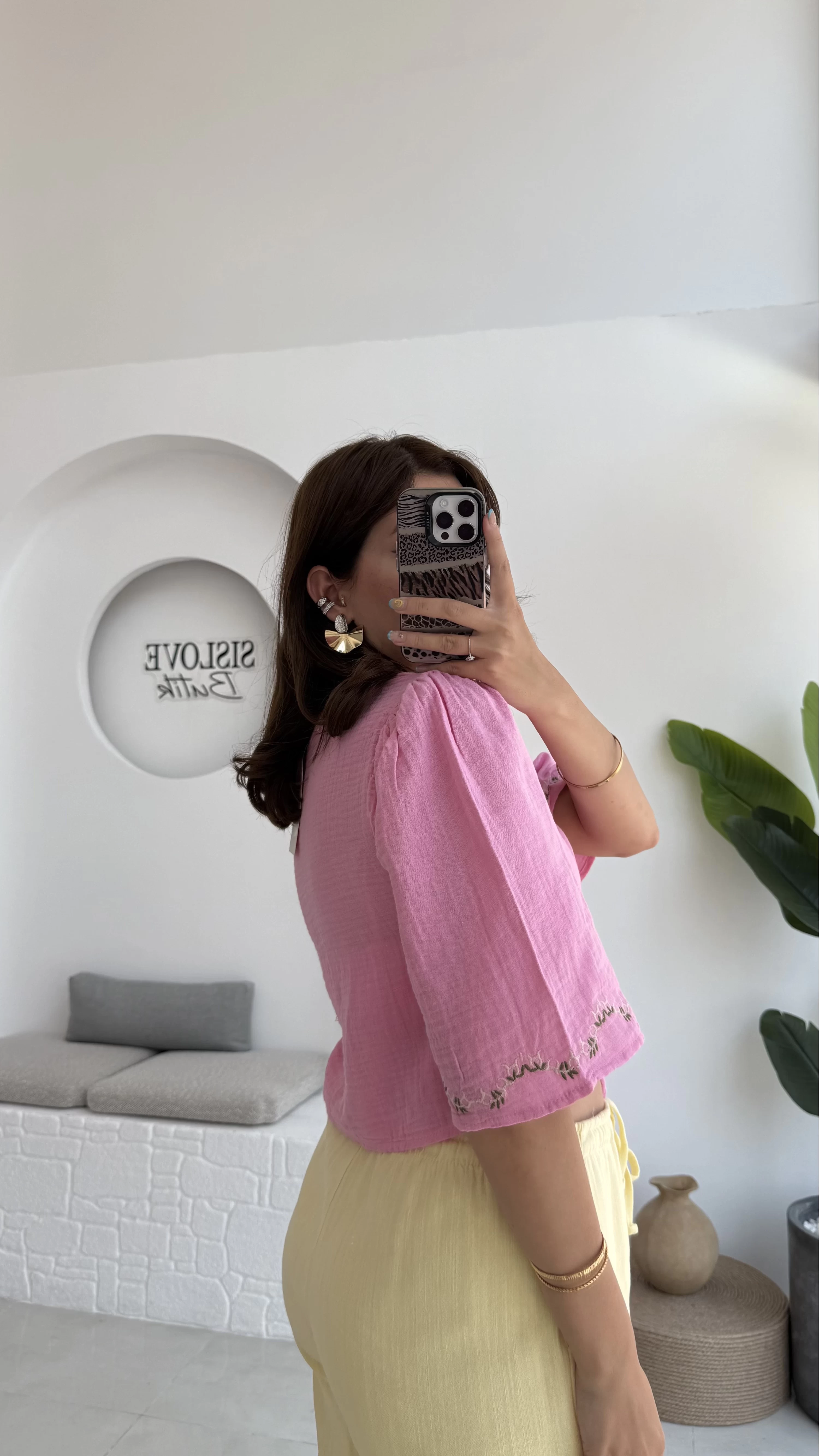 Bodrum Bluz Müslin Kumaş Nakış Detay - Pembe