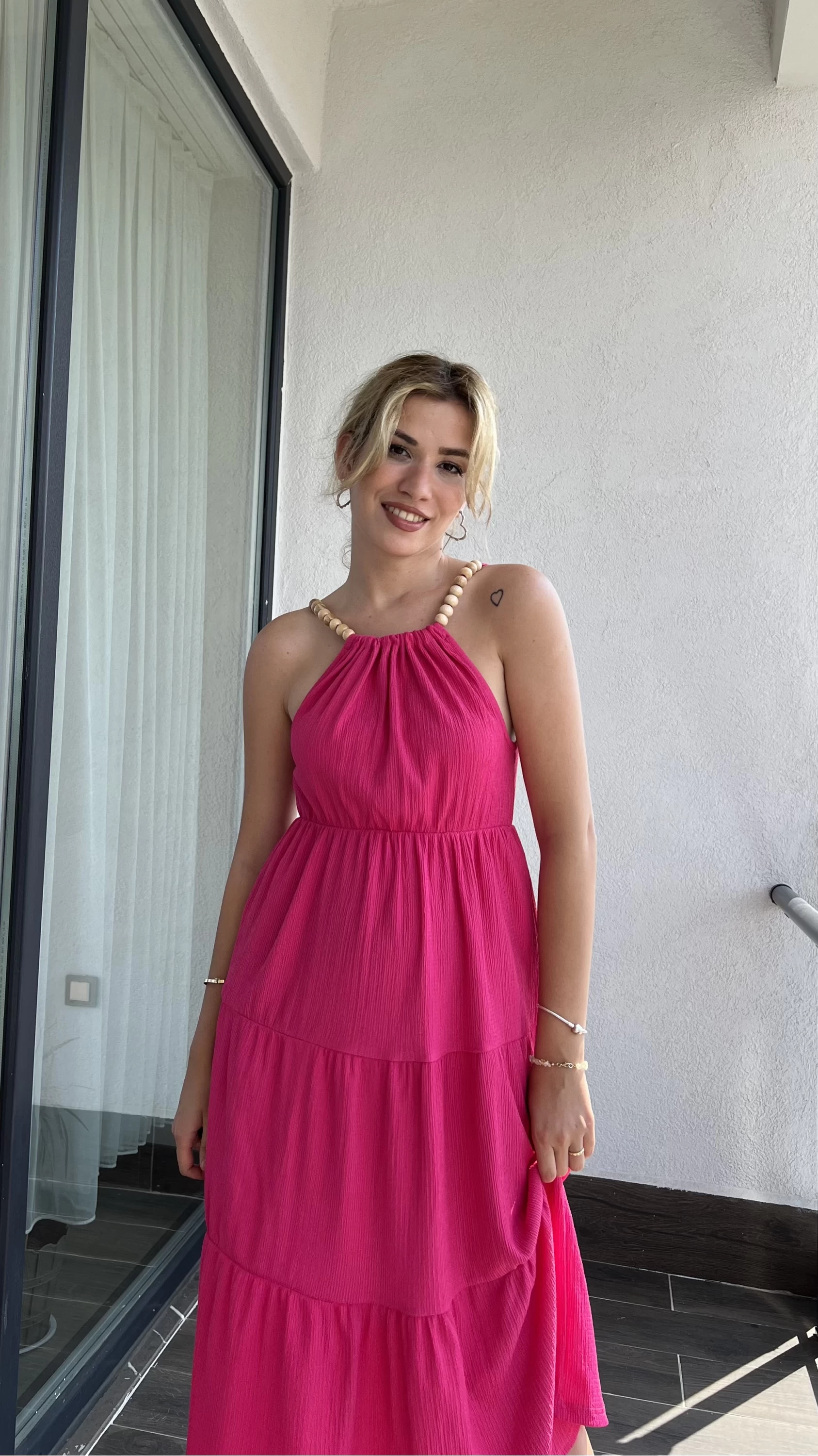Bürümcük Fuşya Boncuk Detay Elbise